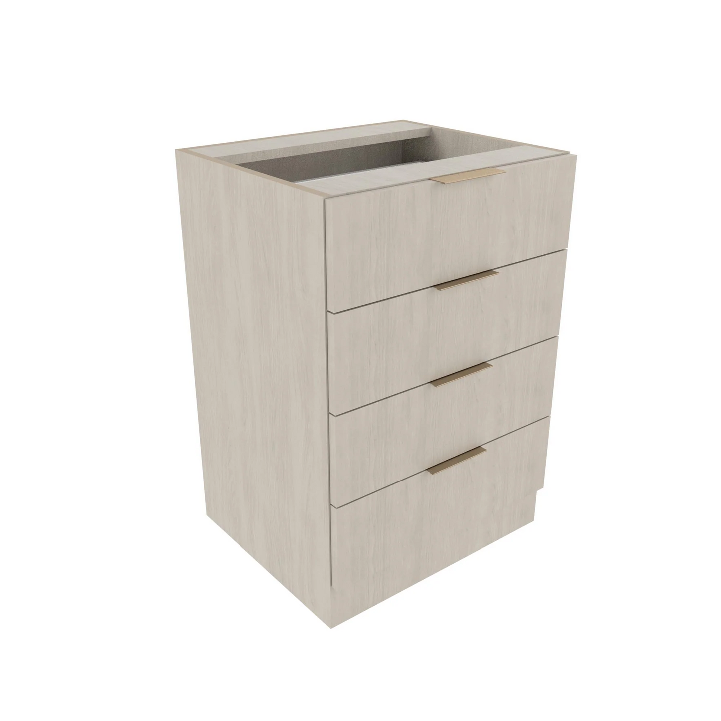 A 24 inch 4-drawer base cabinet with a light beige finish and a flat toe-kick.