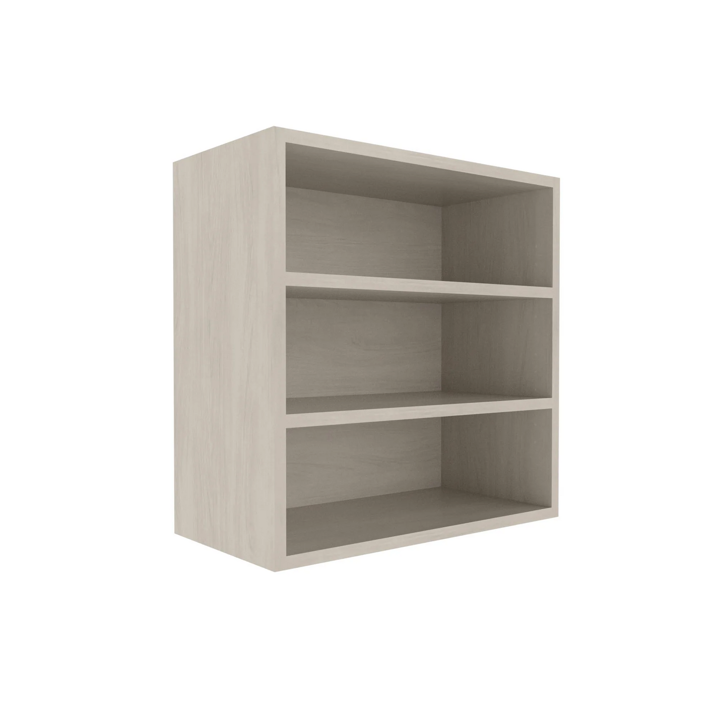 A 24 inch open upper cabinet with two adjustable shelves, depicted in a light gray finish.