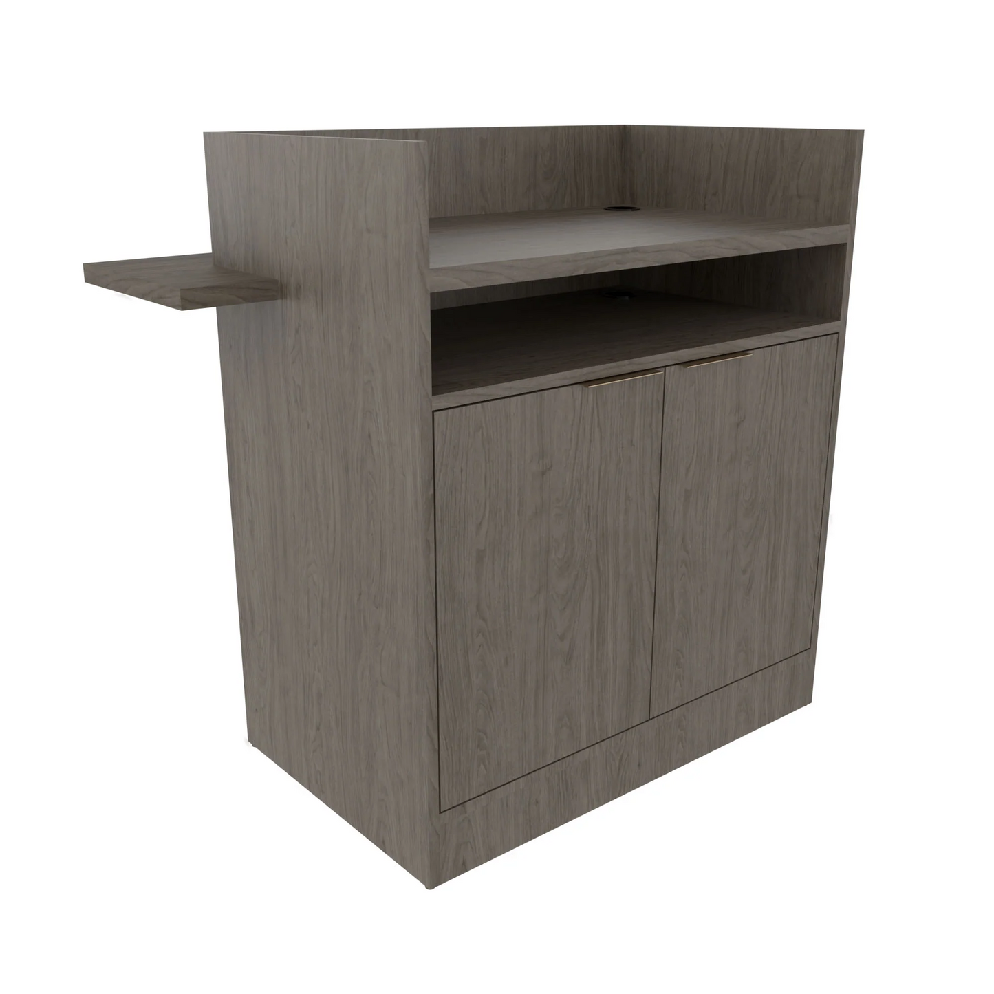 Collins Finley desk with wrap-around ledge featuring a clean, modern design for professional salon reception or work areas.