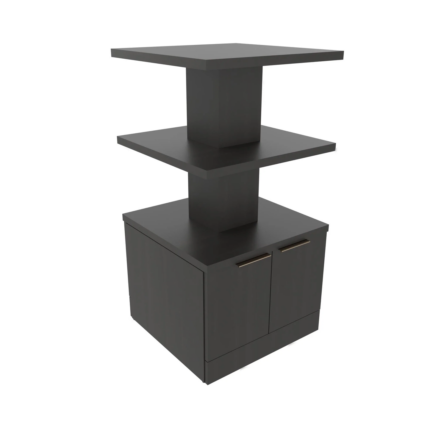 A three-tiered black retail display with a storage cabinet, finished in a sleek modern style.