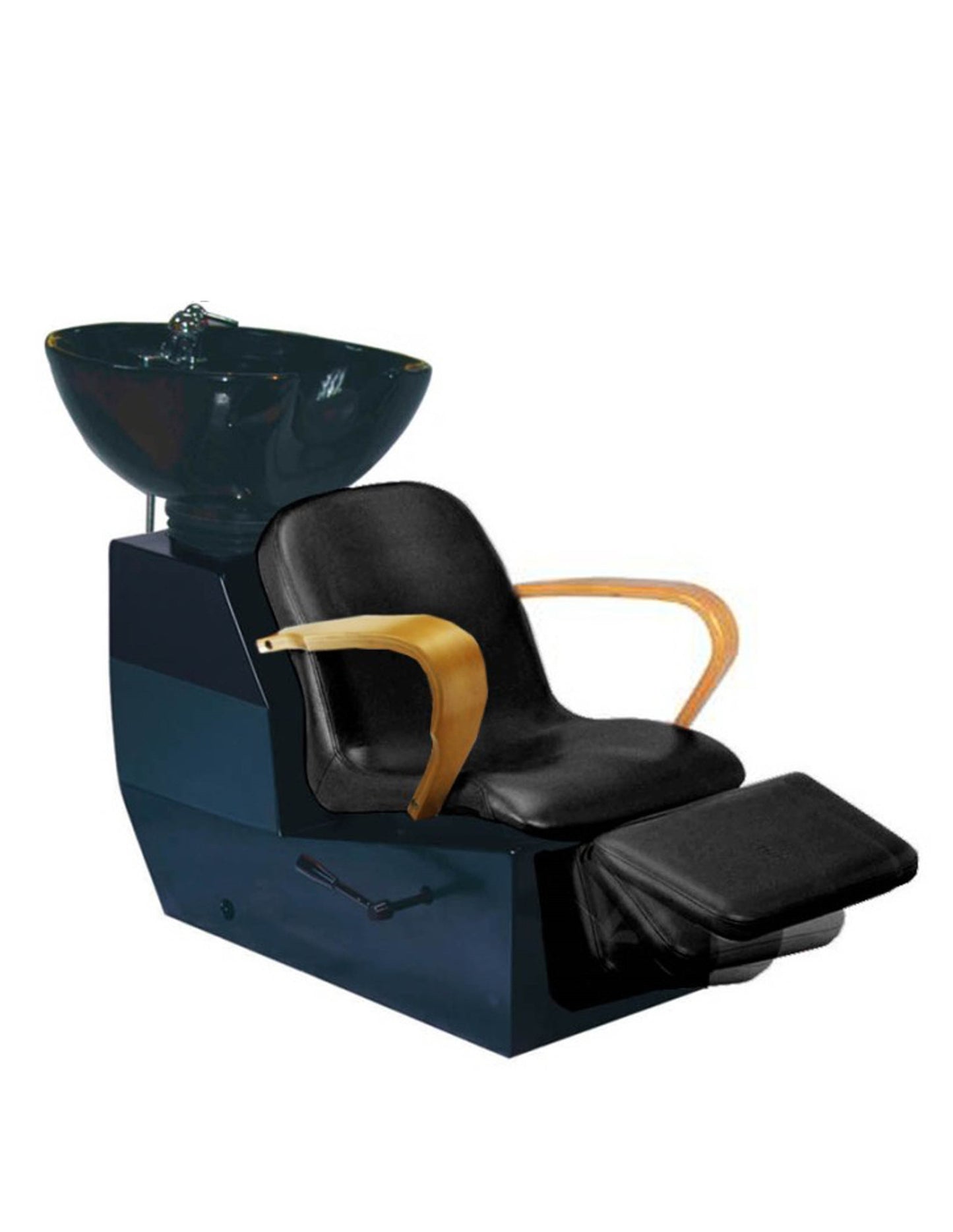 A professional beauty shampoos chair with a bowl on top, in black color with wooden armrests and a Pedestal base.