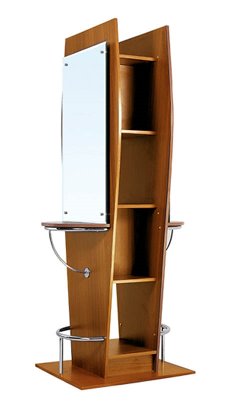 A double styling station with a mirror, featuring a brown laminate finish, chrome brackets, and footrests.