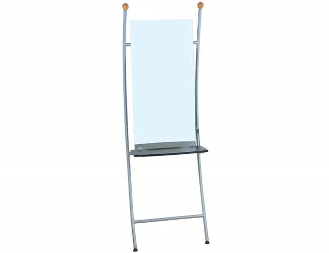 Wall mounted salon styling station with a mirror and two poles, predominantly silver in color, with a shelf for storage.