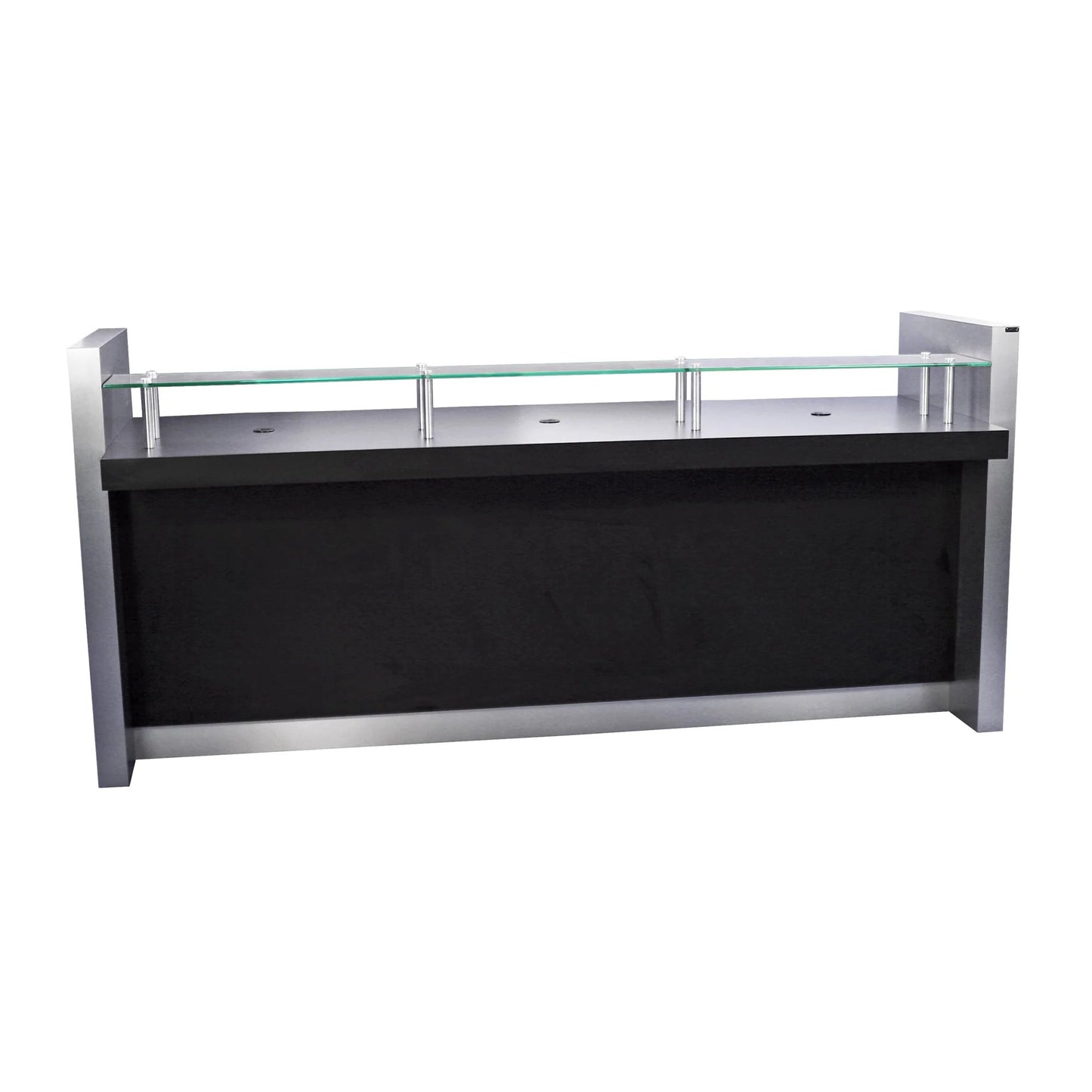 A contemporary standing reception desk with a black front counter, brushed steel accents, and storage cabinets.