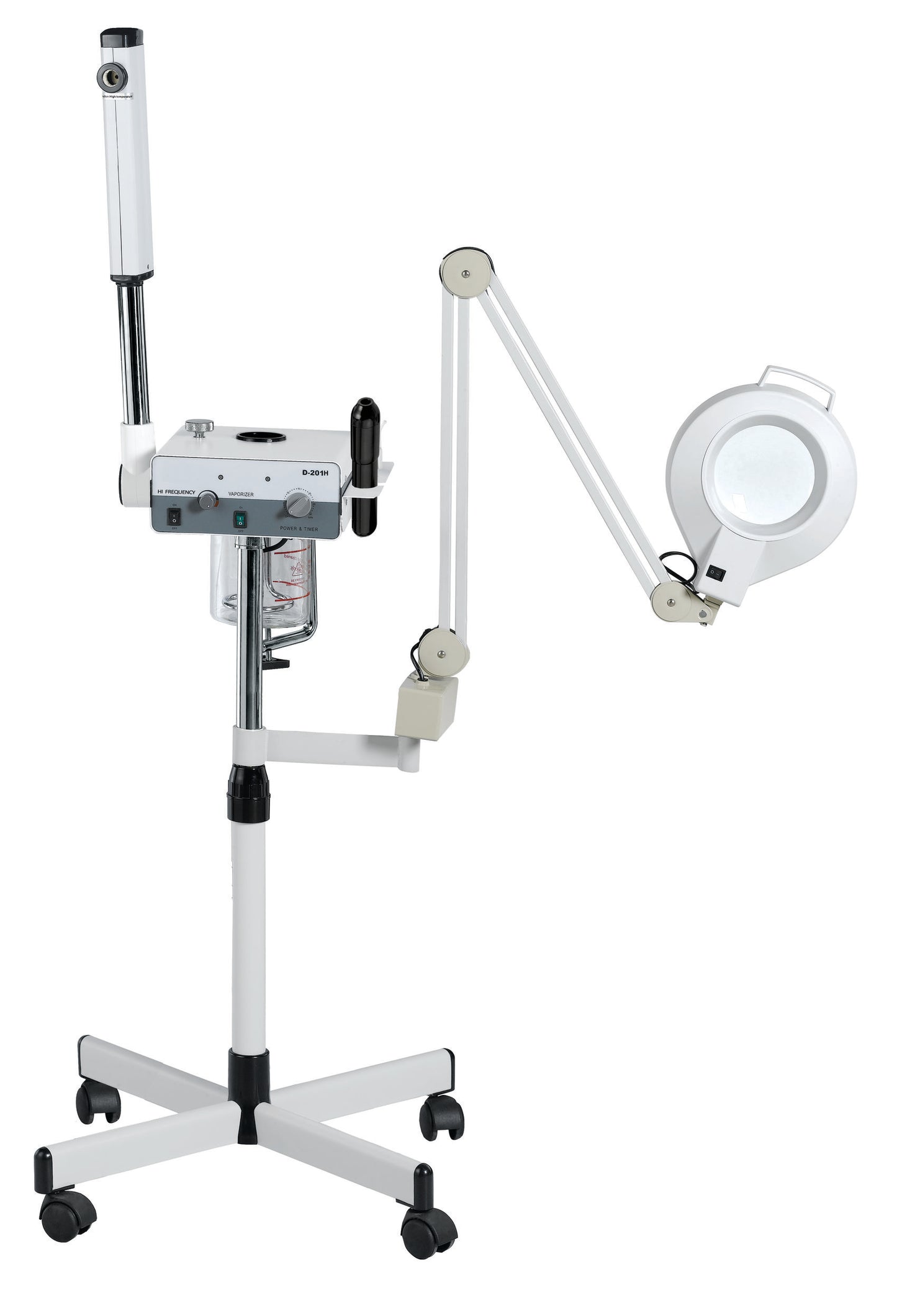 Medical examination light stand with magnifying glass on a white background