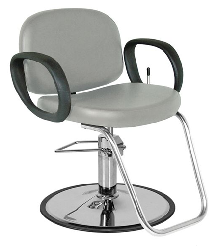 A Jeffco Contour Hydraulic All-Purpose Chair with gray upholstery, chrome hydraulic base, and black armrests.