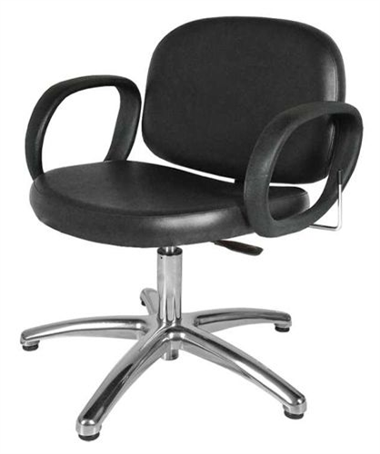 A black upholstered Jeffco Contour Lever-Control Shampoo Chair with chrome base and adjustable height mechanism.