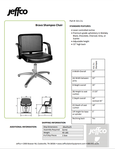 Jeffco BRAVO Lever-Control Shampoo Chair