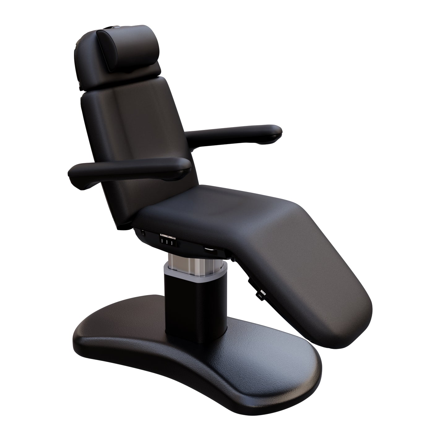 Spa Numa LUCENT 4 motor electric treatment chair with black pedestal base, vegan leather upholstery, Trendelenburg position, and adjustable armrests—perfect for luxury spas, facial treatments, and compact medspa rooms.