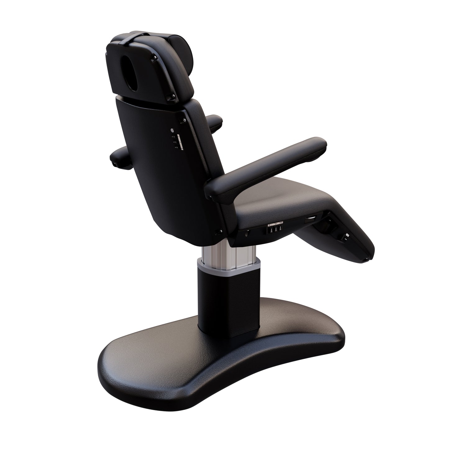 Spa Numa LUCENT 4 motor electric treatment chair with black pedestal base, vegan leather upholstery, Trendelenburg position, and adjustable armrests—perfect for luxury spas, facial treatments, and compact medspa rooms.