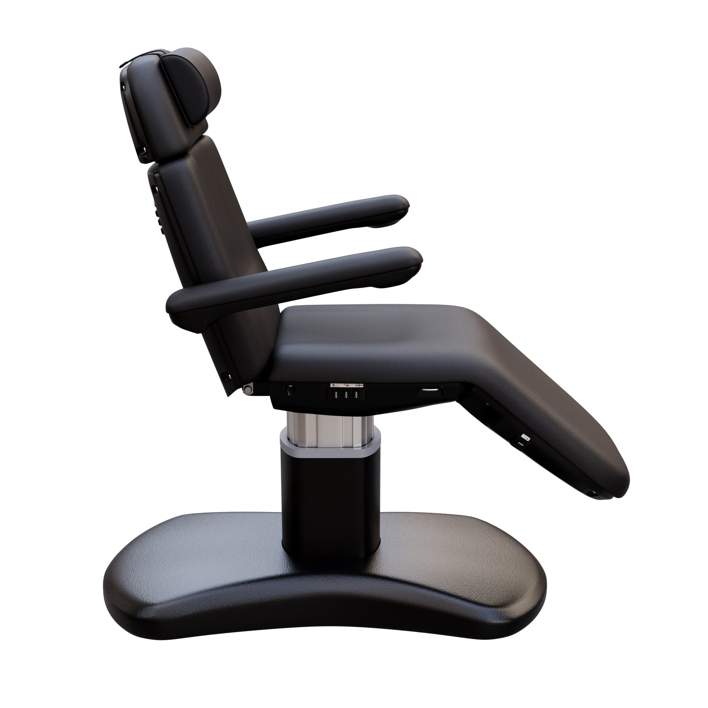 Spa Numa LUCENT 4 motor electric treatment chair with black pedestal base, vegan leather upholstery, Trendelenburg position, and adjustable armrests—perfect for luxury spas, facial treatments, and compact medspa rooms.