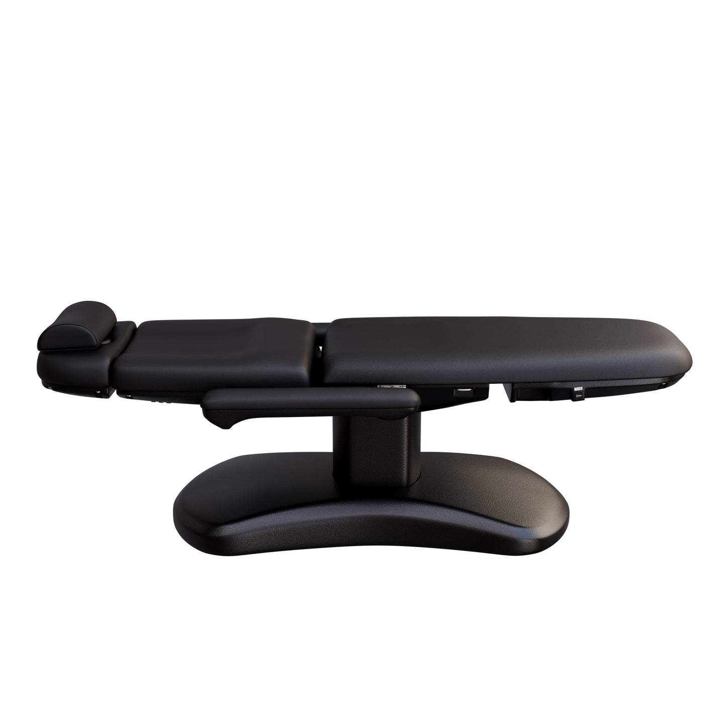 Spa Numa LUCENT 4 motor electric treatment chair with black pedestal base, vegan leather upholstery, Trendelenburg position, and adjustable armrests—perfect for luxury spas, facial treatments, and compact medspa rooms.