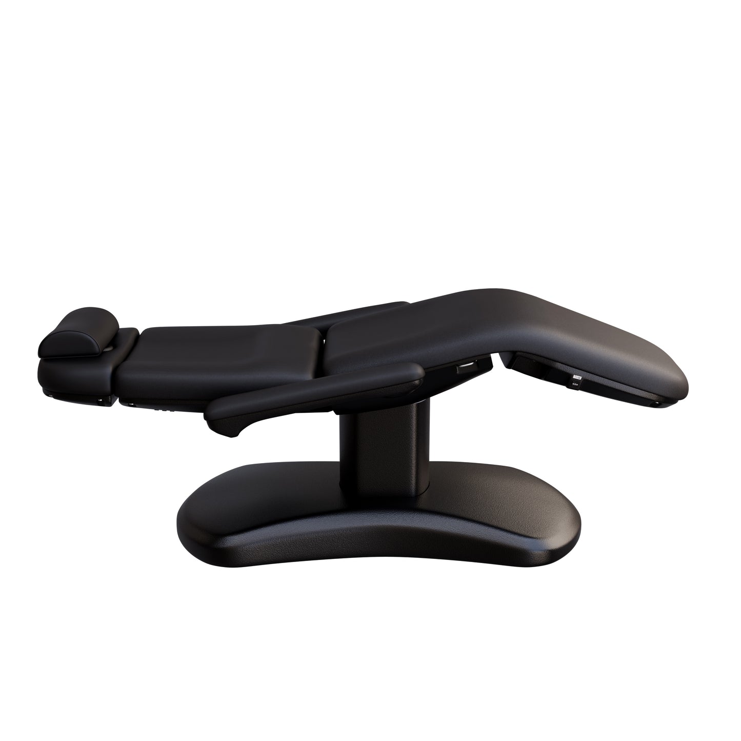 Spa Numa LUCENT 4 motor electric treatment chair with black pedestal base, vegan leather upholstery, Trendelenburg position, and adjustable armrests—perfect for luxury spas, facial treatments, and compact medspa rooms.