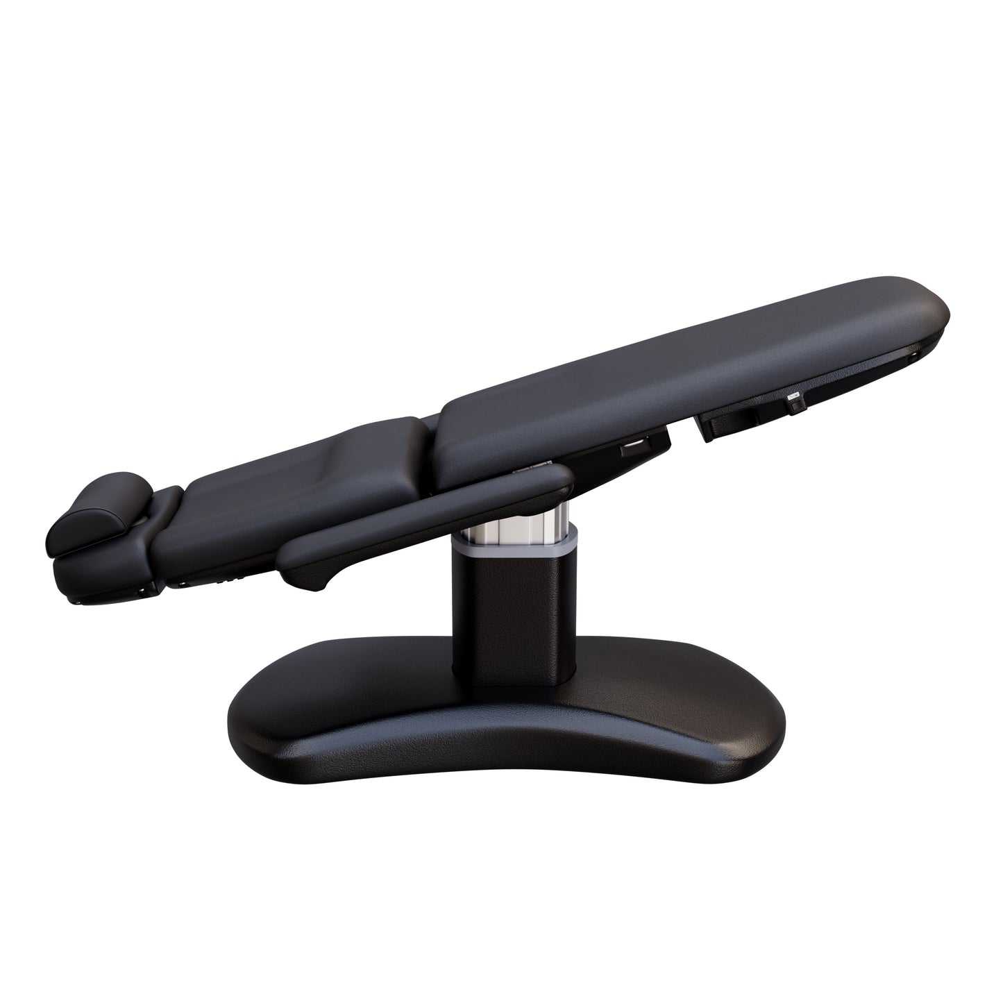 Spa Numa LUCENT 4 motor electric treatment chair with black pedestal base, vegan leather upholstery, Trendelenburg position, and adjustable armrests—perfect for luxury spas, facial treatments, and compact medspa rooms.
