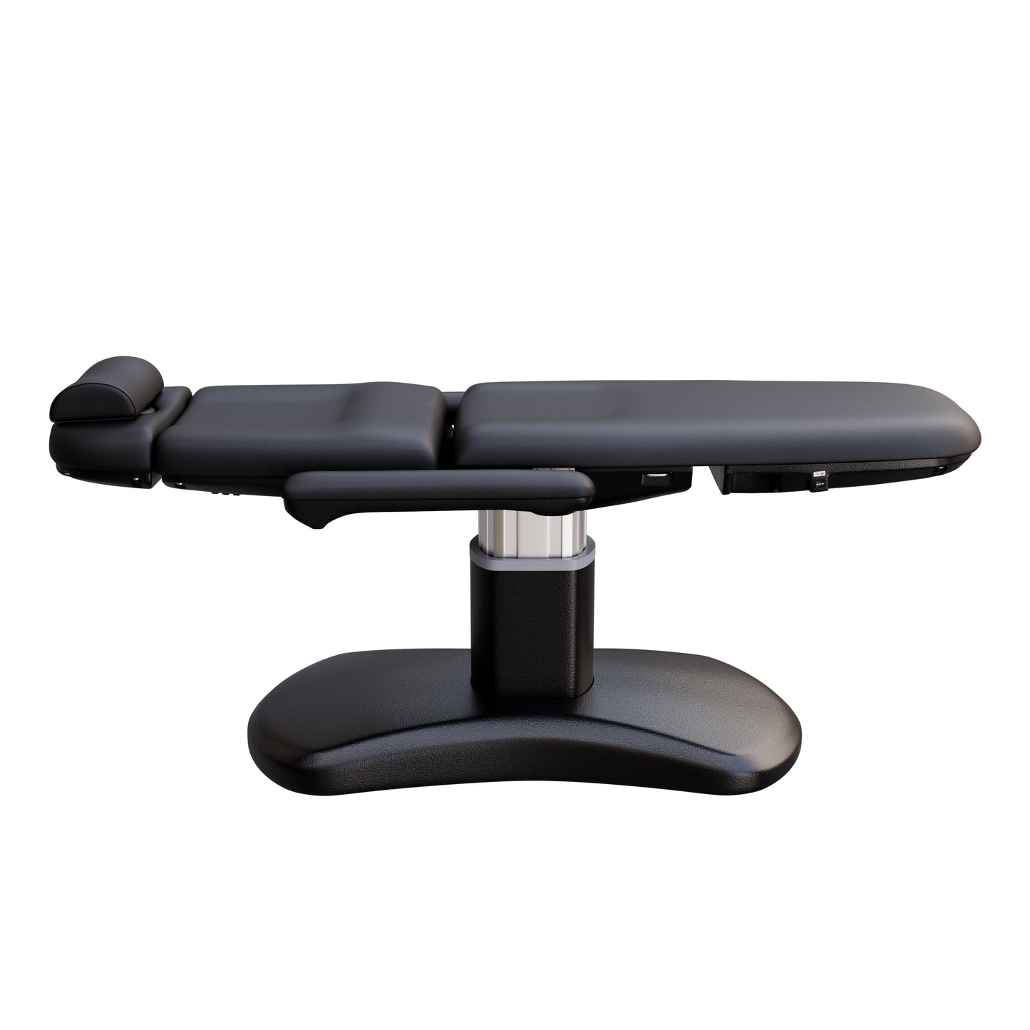 Spa Numa LUCENT 4 motor electric treatment chair with black pedestal base, vegan leather upholstery, Trendelenburg position, and adjustable armrests—perfect for luxury spas, facial treatments, and compact medspa rooms.