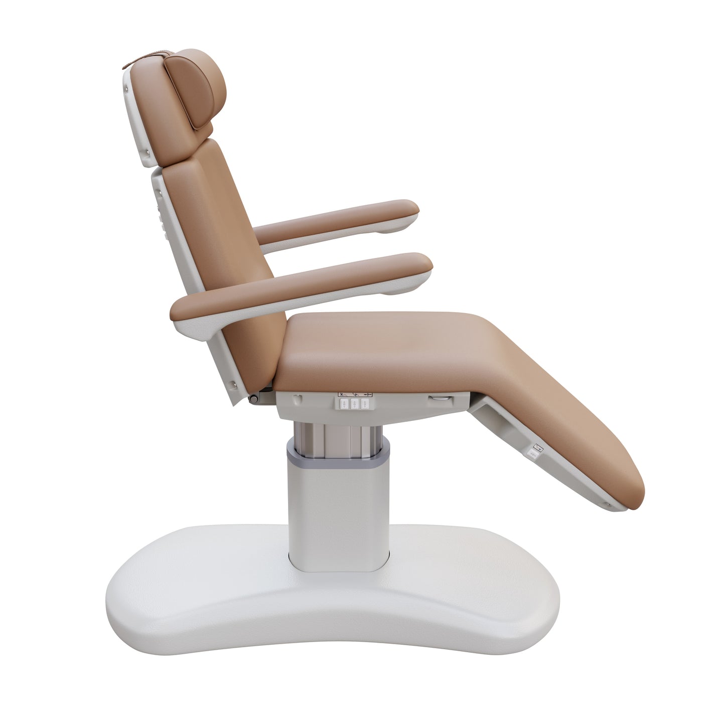 Spa Numa LUCENT 4 motor luxury electric spa treatment chair with pedestal column base, reversible armrests, Trendelenburg position, extendable headrest, and vegan leather upholstery—ideal for facials, medspa treatments, and high-end salon services in compact spaces.