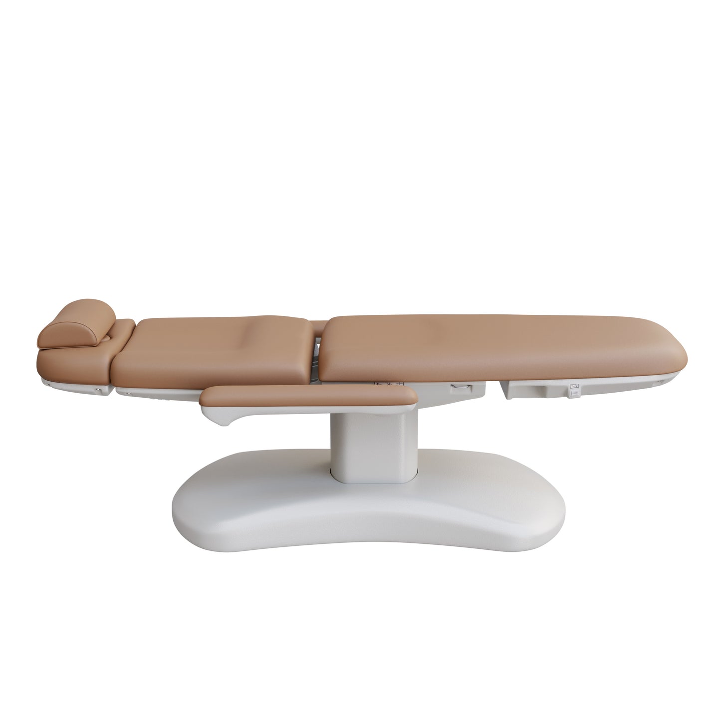 Spa Numa LUCENT 4 motor luxury electric spa treatment chair with pedestal column base, reversible armrests, Trendelenburg position, extendable headrest, and vegan leather upholstery—ideal for facials, medspa treatments, and high-end salon services in compact spaces.