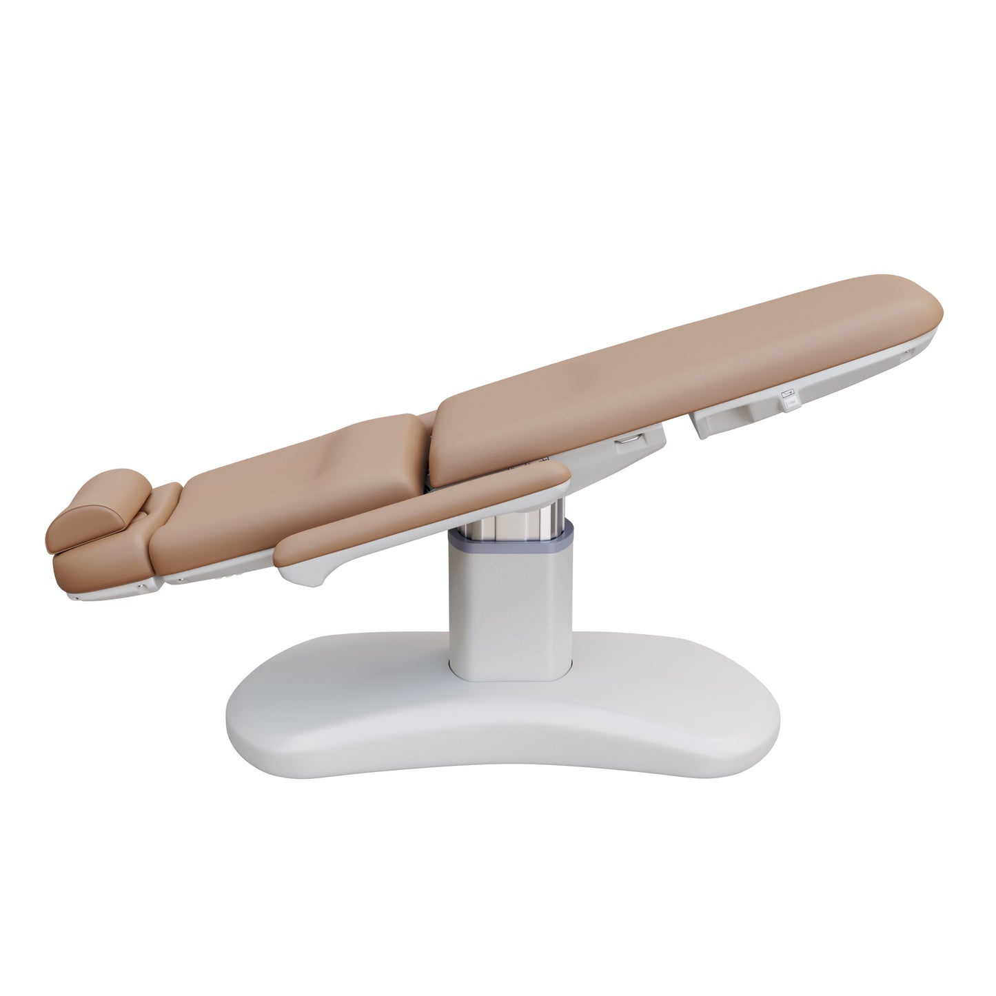 Spa Numa LUCENT 4 motor luxury electric spa treatment chair with pedestal column base, reversible armrests, Trendelenburg position, extendable headrest, and vegan leather upholstery—ideal for facials, medspa treatments, and high-end salon services in compact spaces.