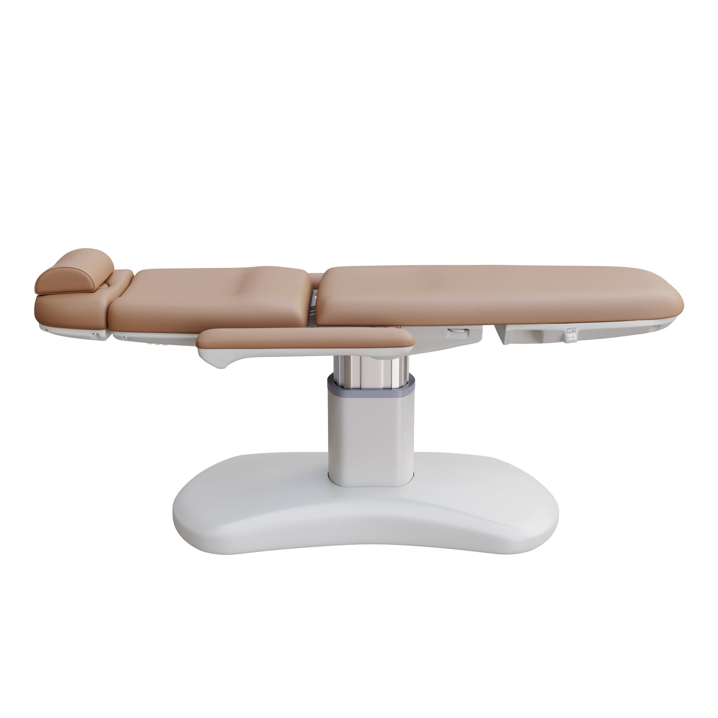 Spa Numa LUCENT 4 motor luxury electric spa treatment chair with pedestal column base, reversible armrests, Trendelenburg position, extendable headrest, and vegan leather upholstery—ideal for facials, medspa treatments, and high-end salon services in compact spaces.
