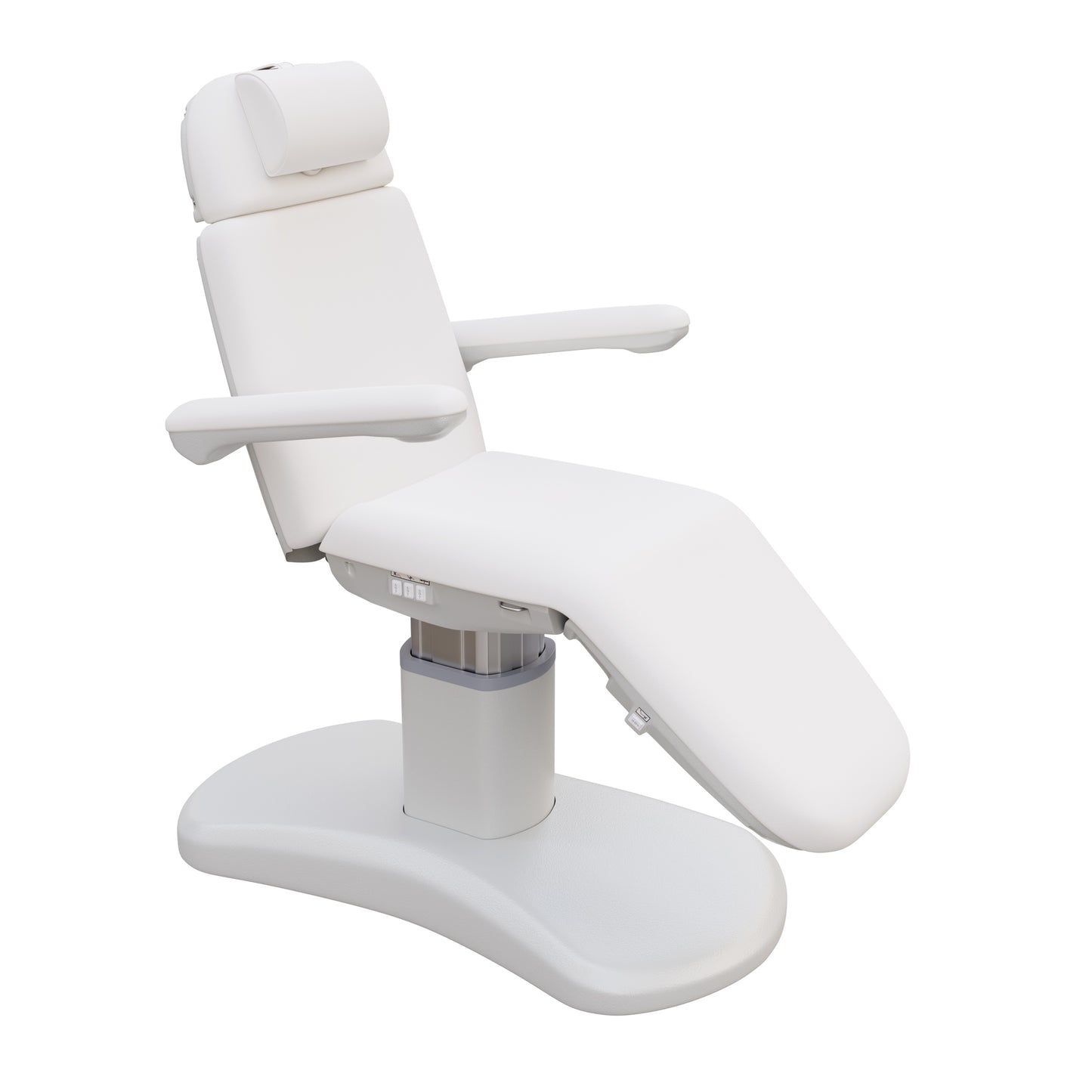 Spa Numa LUCENT 4 motor luxury electric treatment chair in vegan leather with pedestal base, reversible armrests, extendable headrest, and Trendelenburg position—ideal for high-end spa, salon, and aesthetic treatment procedures in compact spaces.