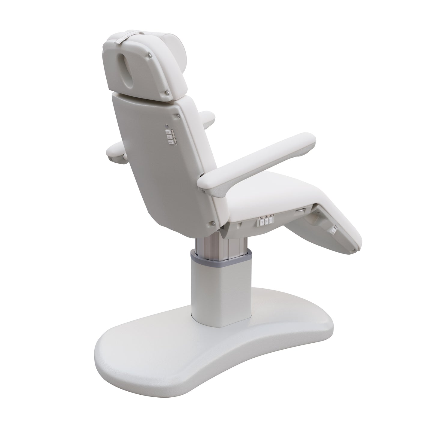 Spa Numa LUCENT 4 motor luxury electric treatment chair in vegan leather with pedestal base, reversible armrests, extendable headrest, and Trendelenburg position—ideal for high-end spa, salon, and aesthetic treatment procedures in compact spaces.