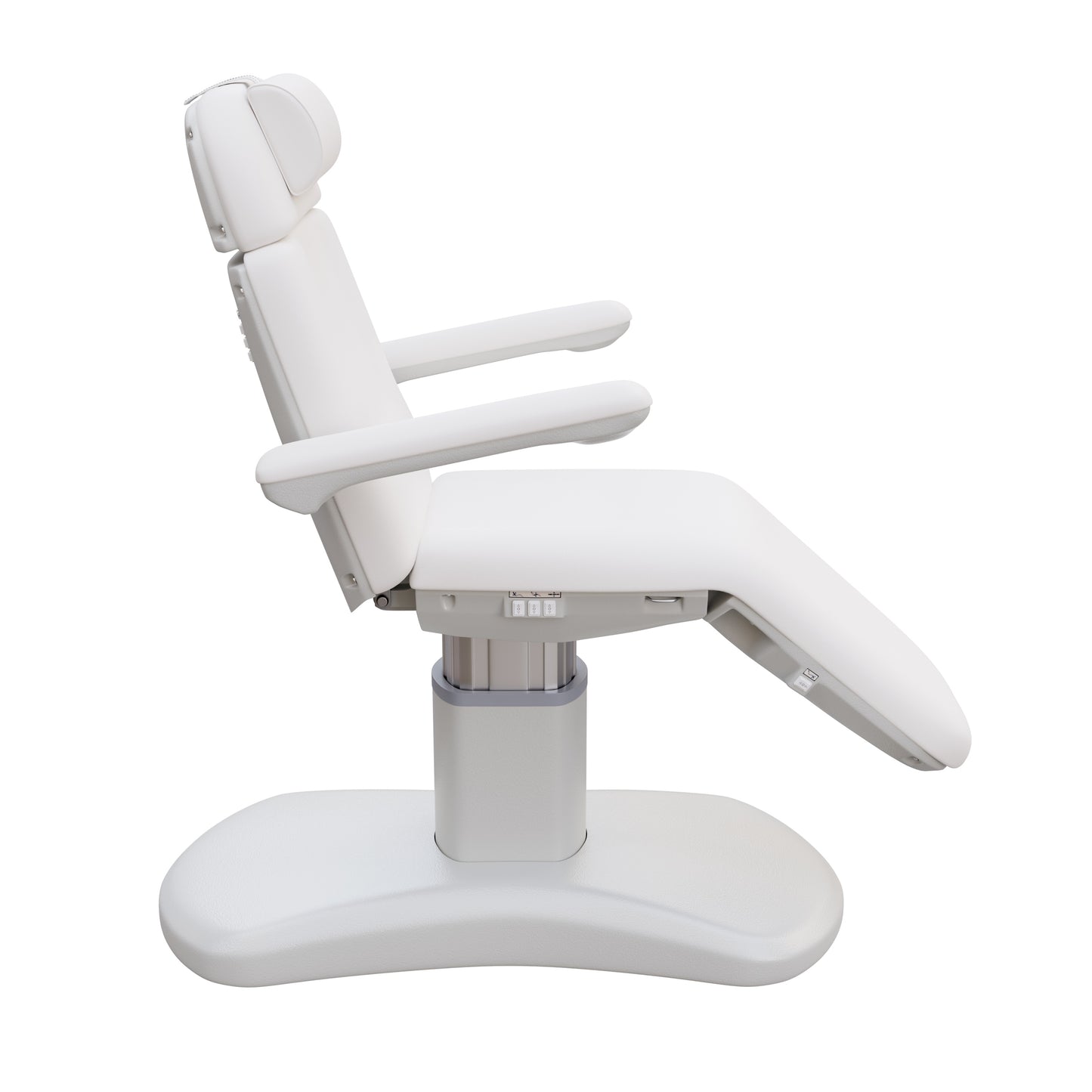 Spa Numa LUCENT 4 motor luxury electric treatment chair in vegan leather with pedestal base, reversible armrests, extendable headrest, and Trendelenburg position—ideal for high-end spa, salon, and aesthetic treatment procedures in compact spaces.