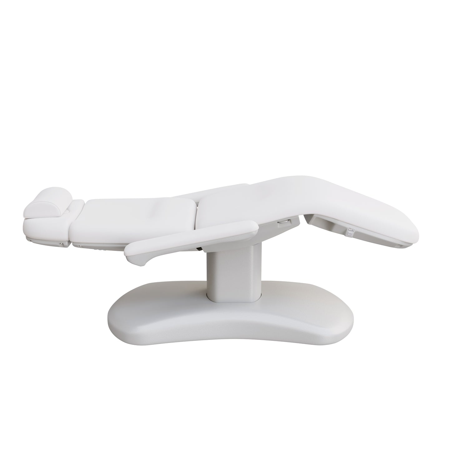 Spa Numa LUCENT 4 motor luxury electric treatment chair in vegan leather with pedestal base, reversible armrests, extendable headrest, and Trendelenburg position—ideal for high-end spa, salon, and aesthetic treatment procedures in compact spaces.