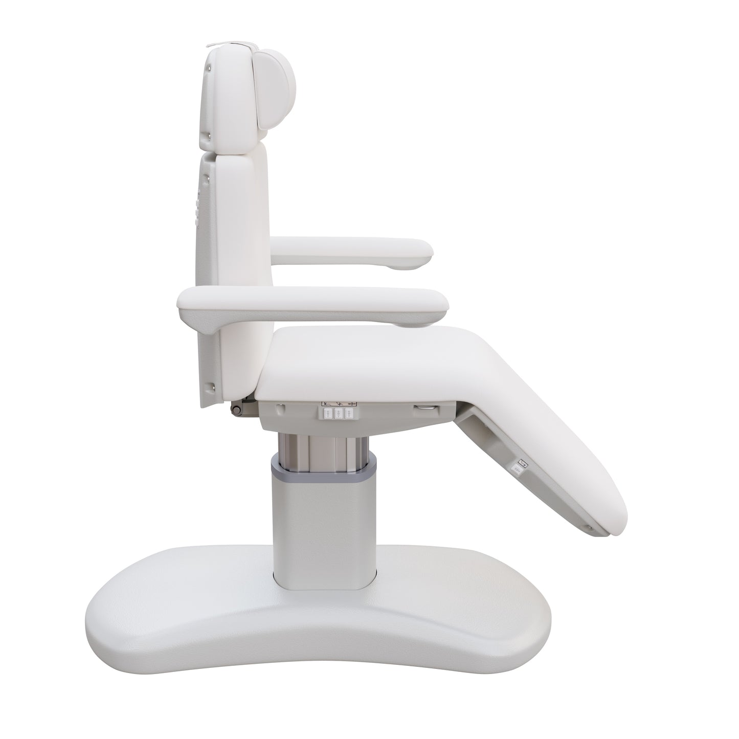 Spa Numa LUCENT 4 motor luxury electric treatment chair in vegan leather with pedestal base, reversible armrests, extendable headrest, and Trendelenburg position—ideal for high-end spa, salon, and aesthetic treatment procedures in compact spaces.