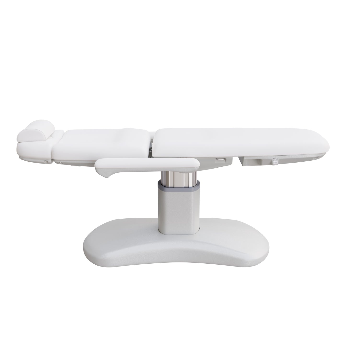 Spa Numa LUCENT 4 motor luxury electric treatment chair in vegan leather with pedestal base, reversible armrests, extendable headrest, and Trendelenburg position—ideal for high-end spa, salon, and aesthetic treatment procedures in compact spaces.