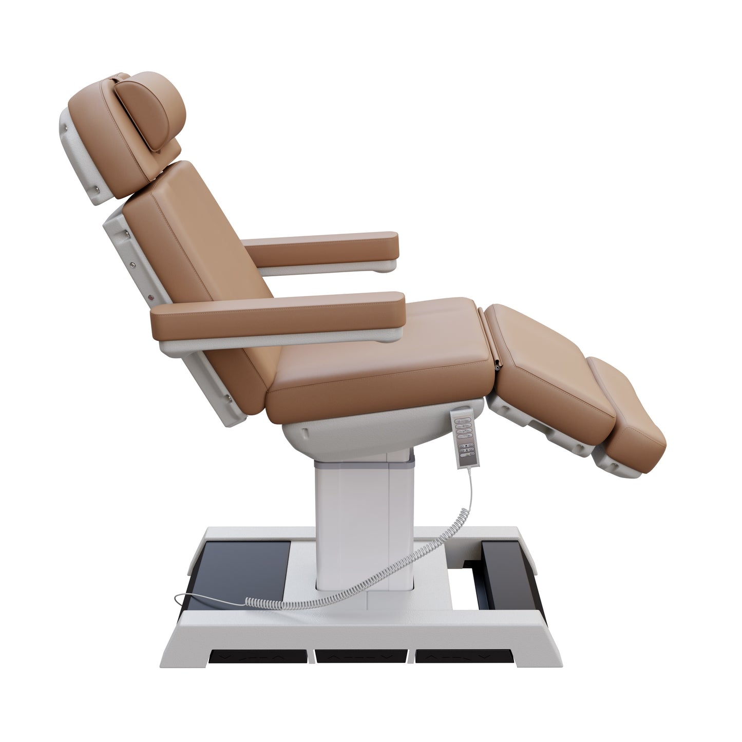 THE MEDICI heavy duty medical grade 4 motor electric treatment chair with memory remote and built-in foot pedals – adjustable height, backrest, footrest, and Trendelenburg tilt with removable armrests and wide extendable headrest – 450 lb. capacity for outpatient surgery and medical clinics.