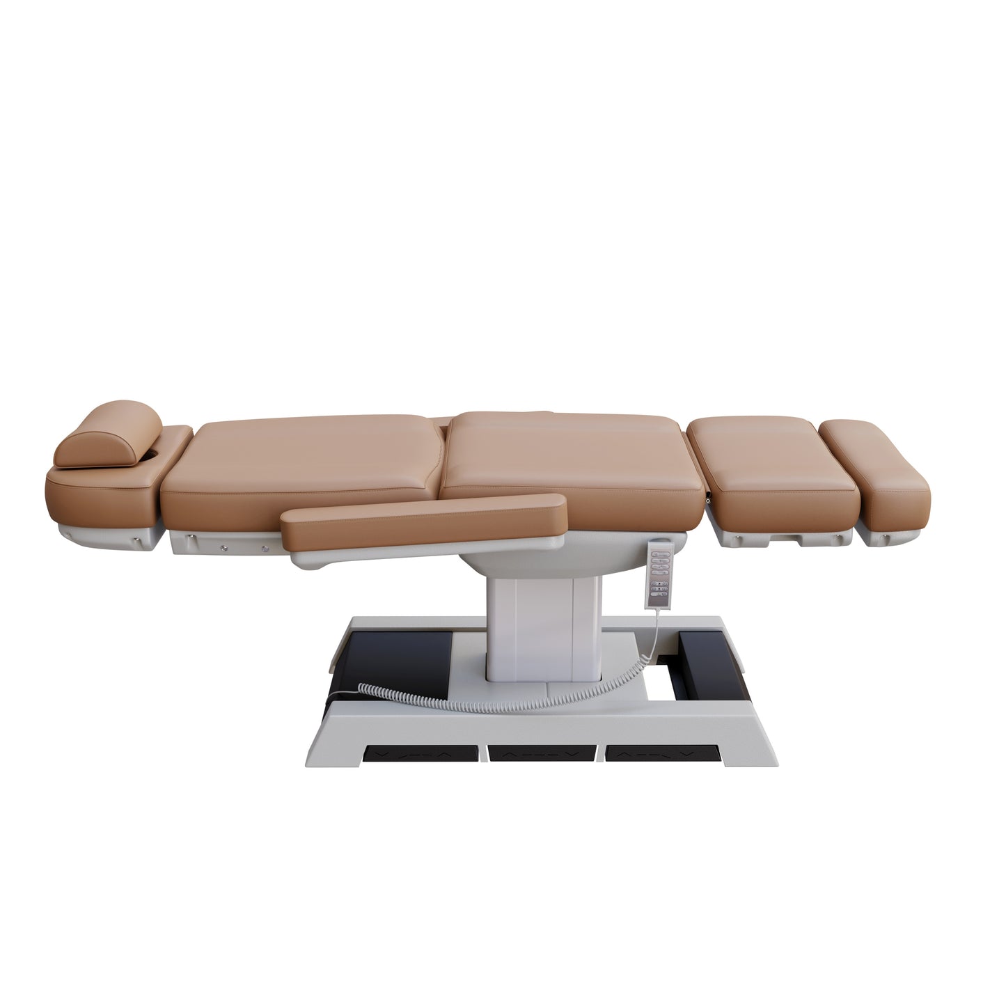 THE MEDICI heavy duty medical grade 4 motor electric treatment chair with memory remote and built-in foot pedals – adjustable height, backrest, footrest, and Trendelenburg tilt with removable armrests and wide extendable headrest – 450 lb. capacity for outpatient surgery and medical clinics.
