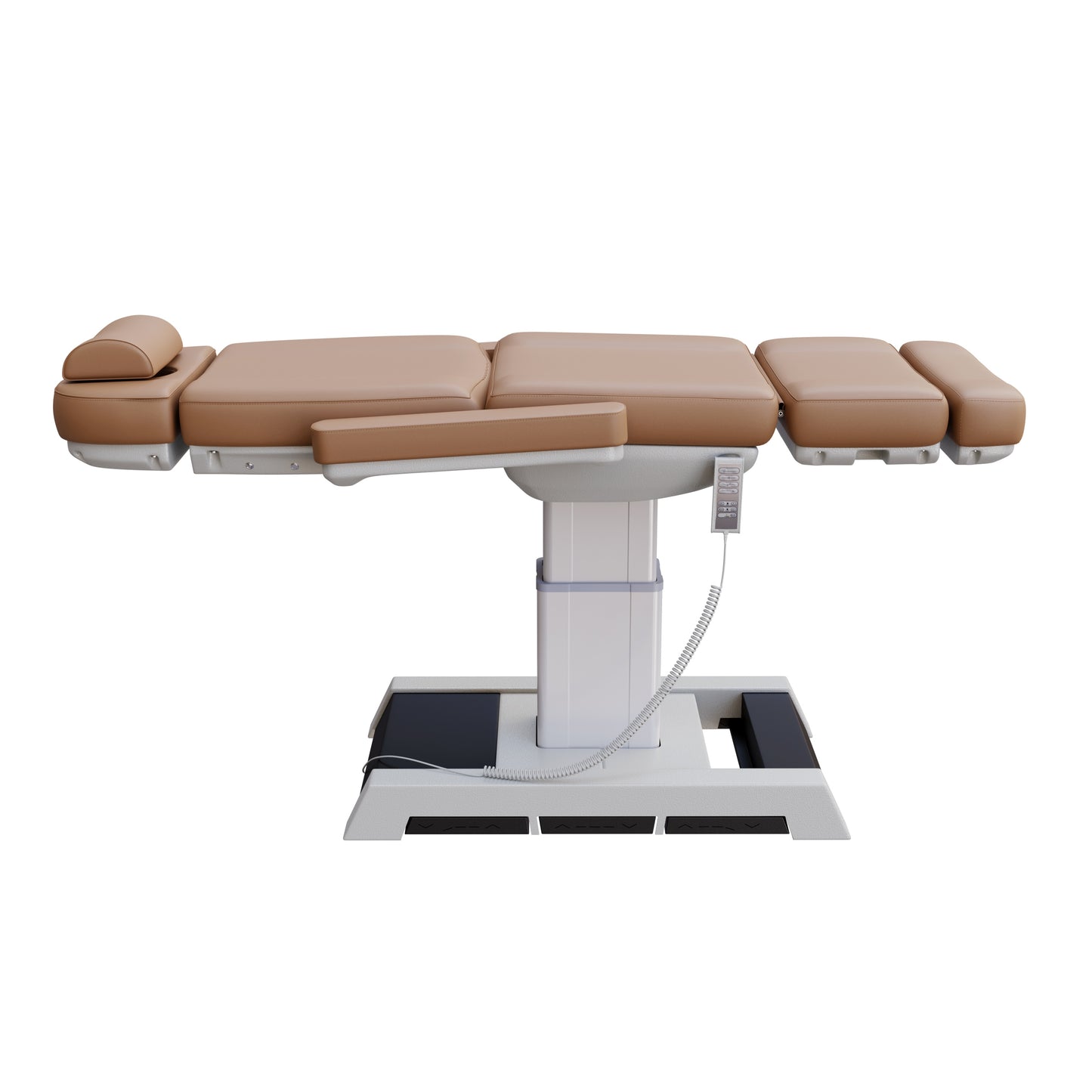 THE MEDICI heavy duty medical grade 4 motor electric treatment chair with memory remote and built-in foot pedals – adjustable height, backrest, footrest, and Trendelenburg tilt with removable armrests and wide extendable headrest – 450 lb. capacity for outpatient surgery and medical clinics.