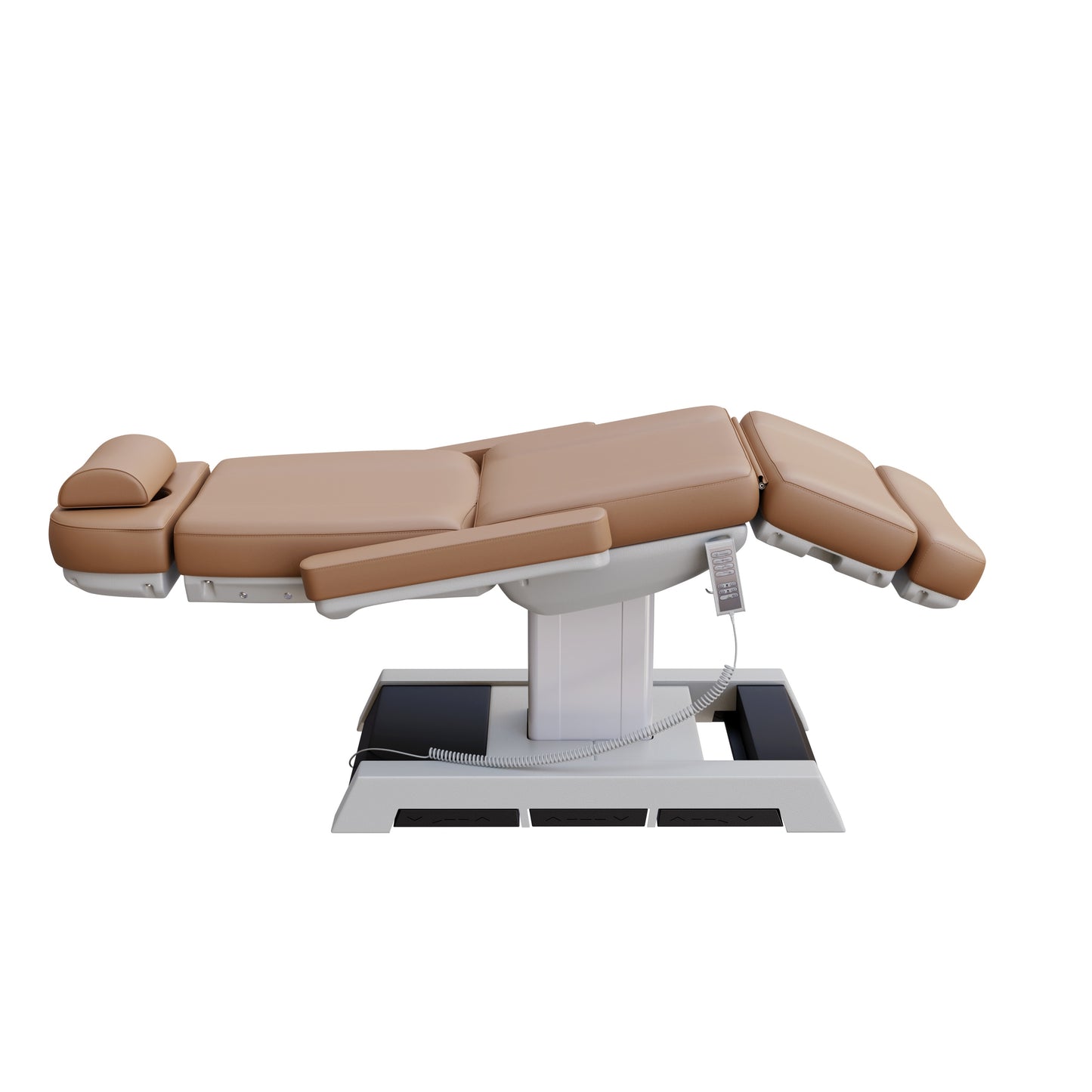 THE MEDICI heavy duty medical grade 4 motor electric treatment chair with memory remote and built-in foot pedals – adjustable height, backrest, footrest, and Trendelenburg tilt with removable armrests and wide extendable headrest – 450 lb. capacity for outpatient surgery and medical clinics.