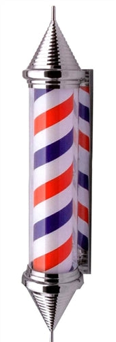 A traditional striped barber pole with a red, white, and blue pattern, featuring a clear cylinder in the center, spinning around an axis.