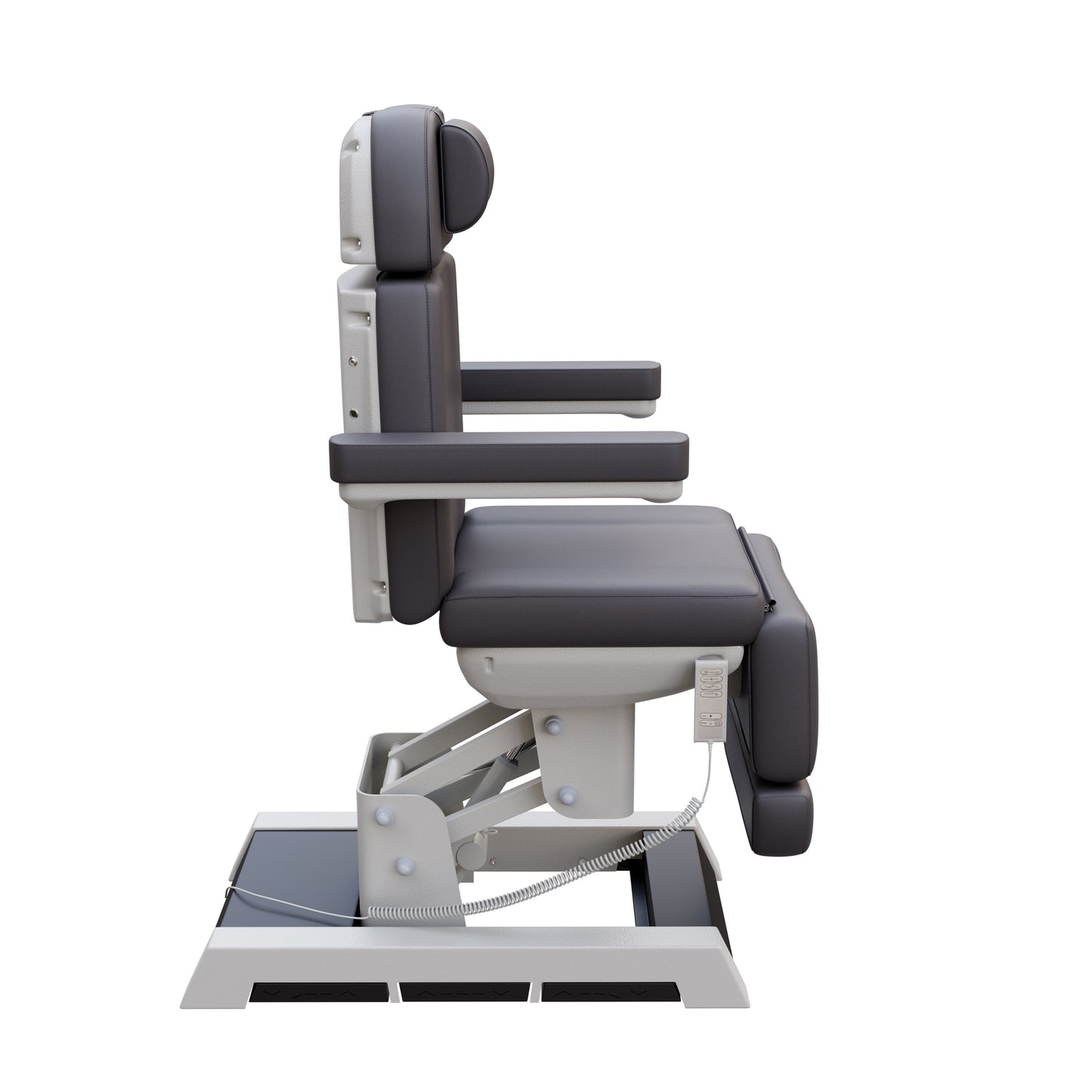 Spa Numa MILANO 4 motor medical-grade electric pedestal chair with built-in foot pedals – adjustable height, backrest, footrest, and tilt with removable armrests, vinyl upholstery, and reset function for clinical, spa, and wellness treatments.