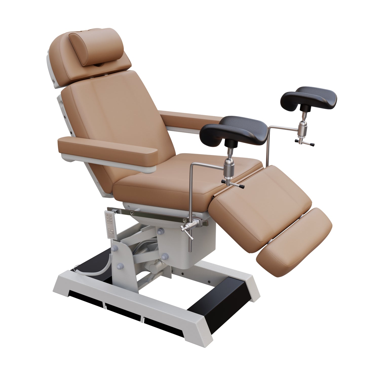 Medical-grade Spa Numa MILANO OB-GYN treatment chair with electric height, tilt, footrest, and backrest adjustment – includes stirrups, side foot controls, and cushioned support for outpatient procedures.