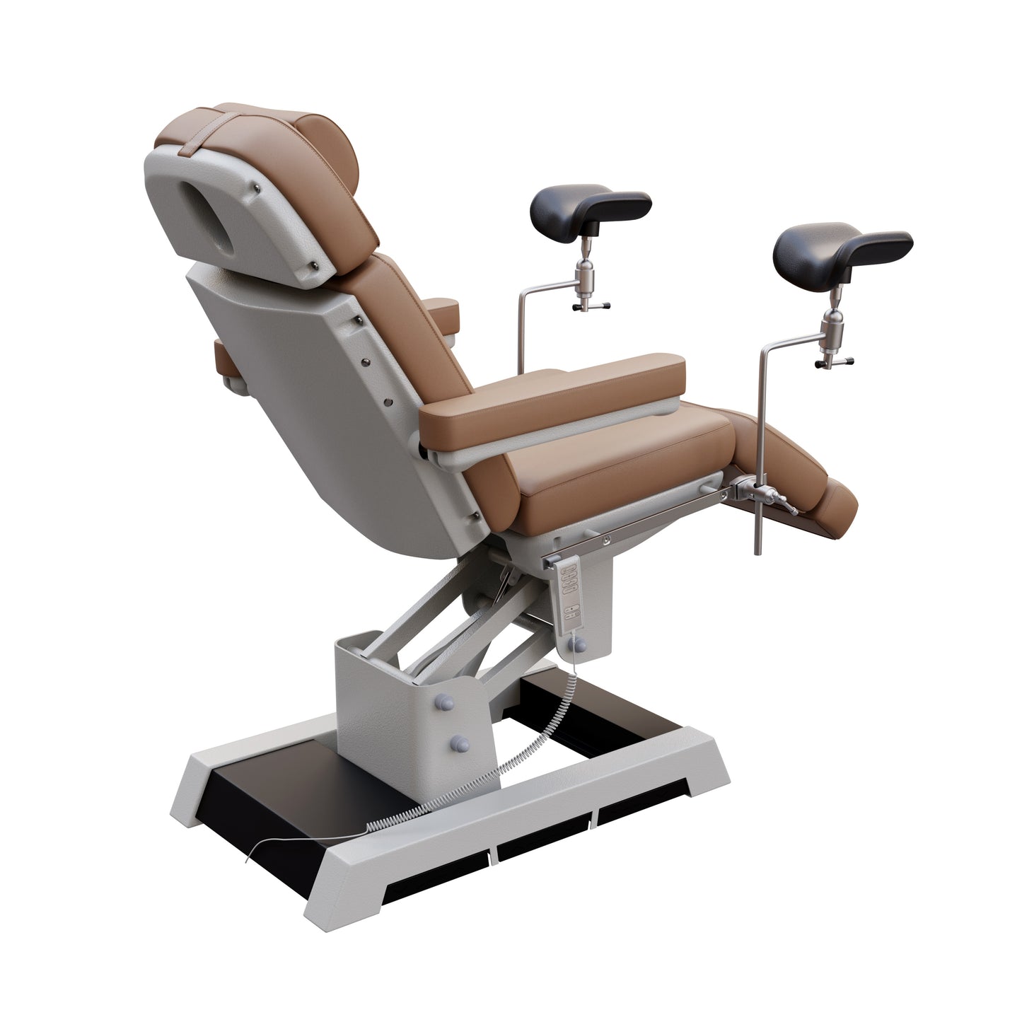 Medical-grade Spa Numa MILANO OB-GYN treatment chair with electric height, tilt, footrest, and backrest adjustment – includes stirrups, side foot controls, and cushioned support for outpatient procedures.