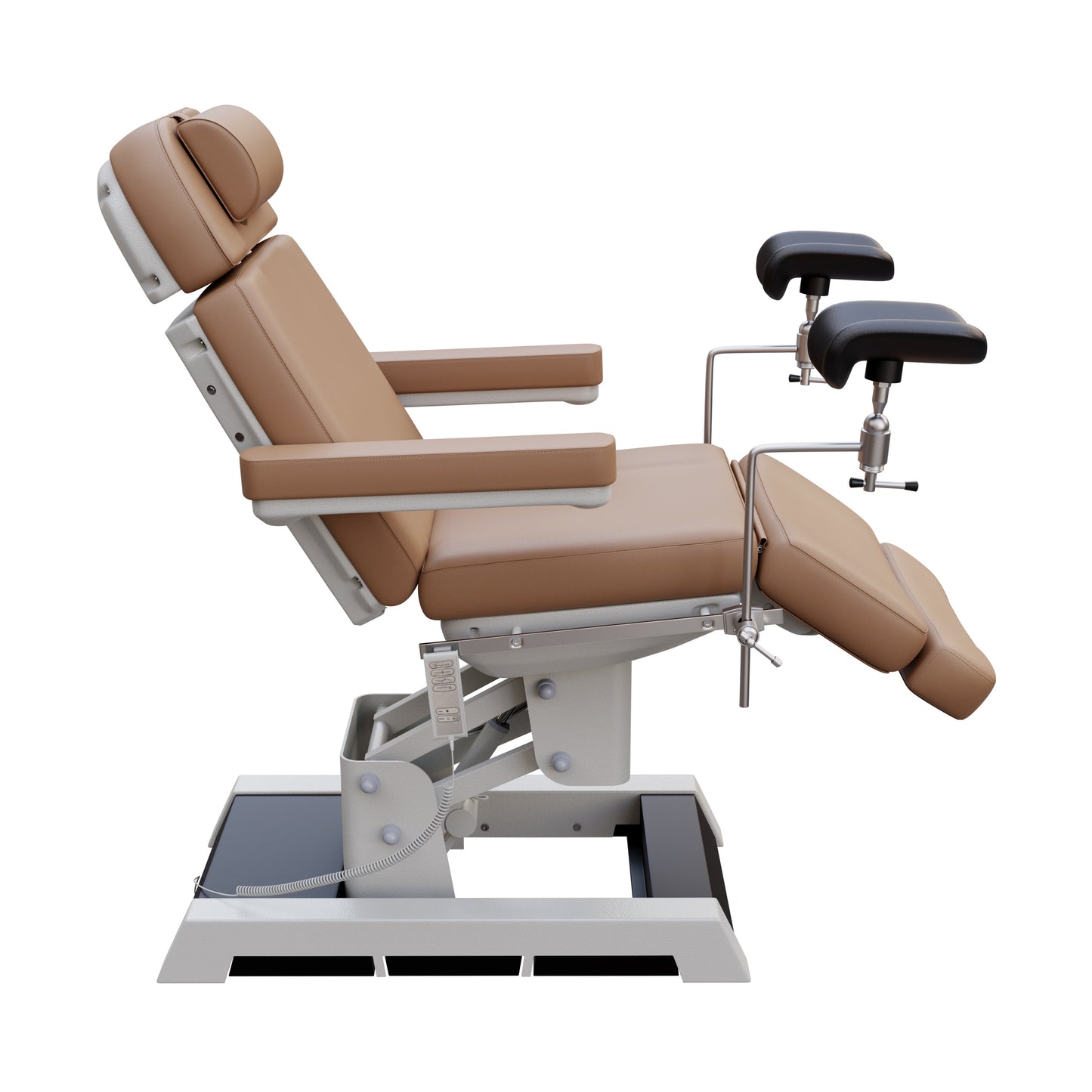 Medical-grade Spa Numa MILANO OB-GYN treatment chair with electric height, tilt, footrest, and backrest adjustment – includes stirrups, side foot controls, and cushioned support for outpatient procedures.