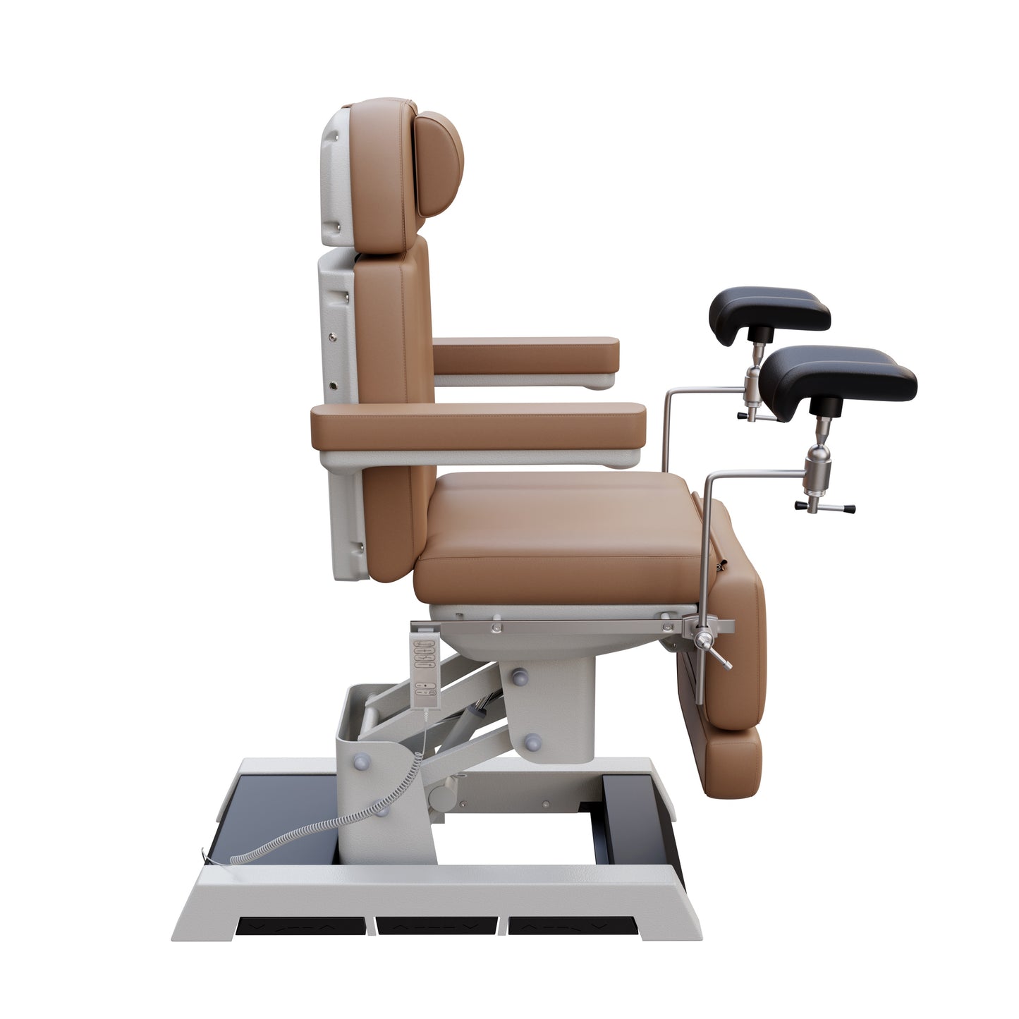 Medical-grade Spa Numa MILANO OB-GYN treatment chair with electric height, tilt, footrest, and backrest adjustment – includes stirrups, side foot controls, and cushioned support for outpatient procedures.