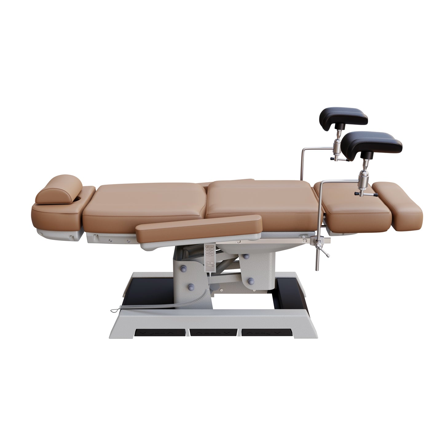 Medical-grade Spa Numa MILANO OB-GYN treatment chair with electric height, tilt, footrest, and backrest adjustment – includes stirrups, side foot controls, and cushioned support for outpatient procedures.