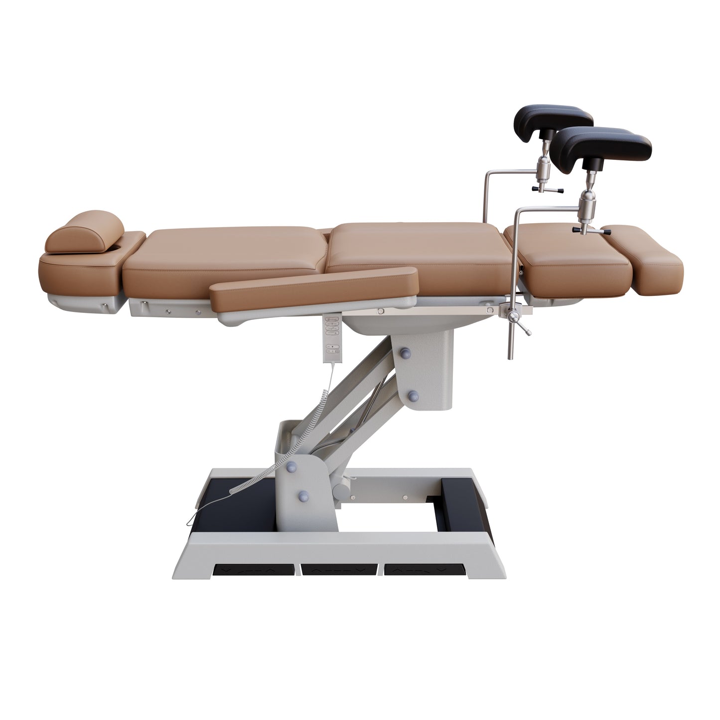 Medical-grade Spa Numa MILANO OB-GYN treatment chair with electric height, tilt, footrest, and backrest adjustment – includes stirrups, side foot controls, and cushioned support for outpatient procedures.