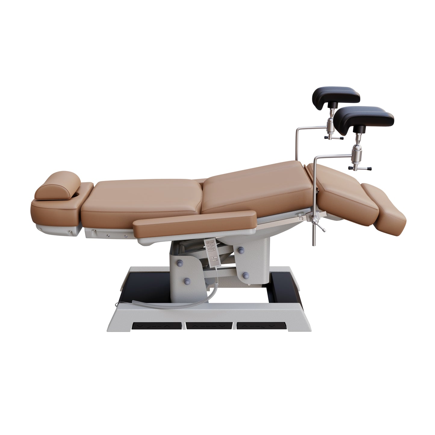 Medical-grade Spa Numa MILANO OB-GYN treatment chair with electric height, tilt, footrest, and backrest adjustment – includes stirrups, side foot controls, and cushioned support for outpatient procedures.