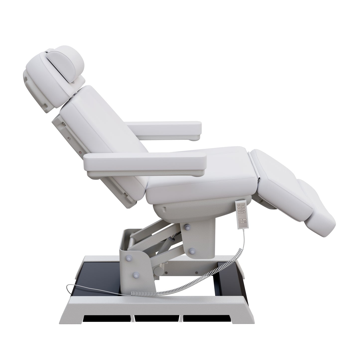 Spa Numa MILANO medical grade 4 motor electric pedestal chair with built-in foot controls – adjustable height, backrest, footrest, and tilt – removable armrests and face hole for spa, medical, and aesthetic treatments.