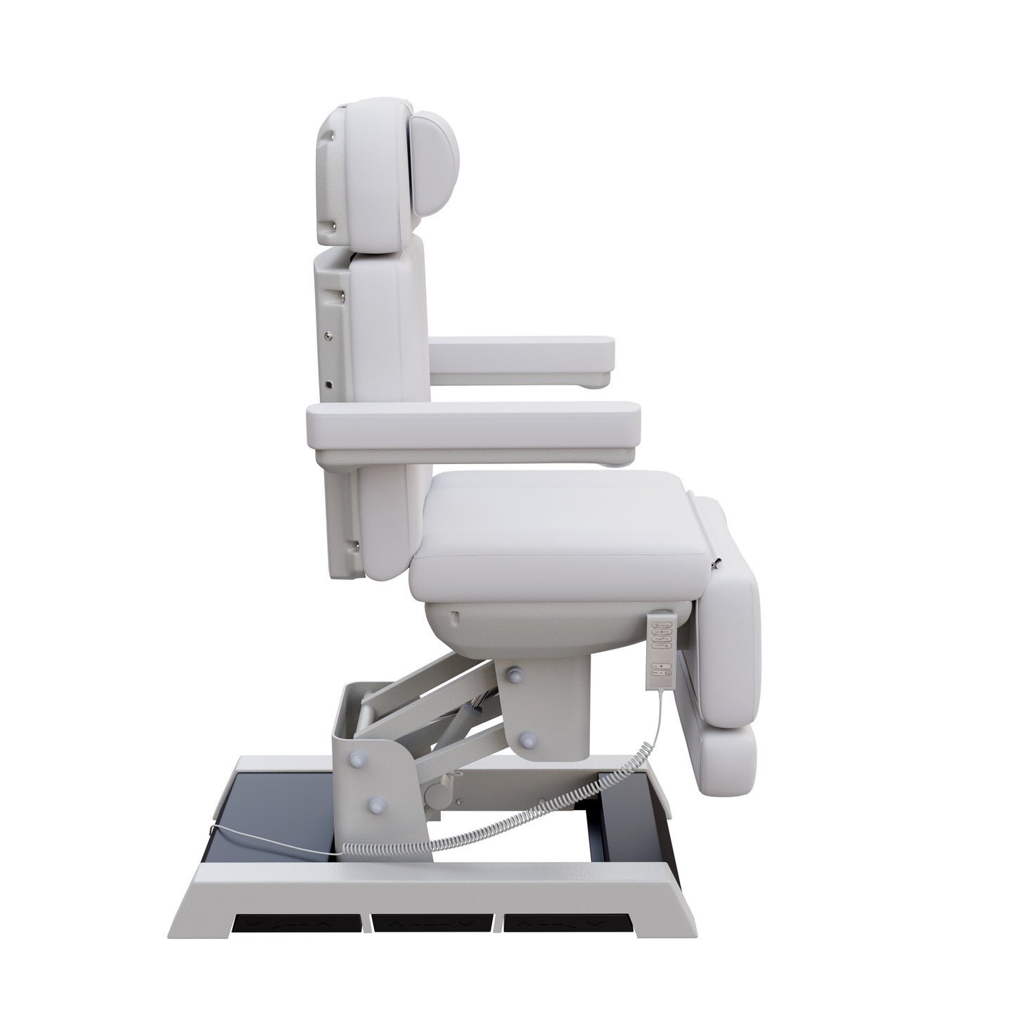 Spa Numa MILANO medical grade 4 motor electric pedestal chair with built-in foot controls – adjustable height, backrest, footrest, and tilt – removable armrests and face hole for spa, medical, and aesthetic treatments.