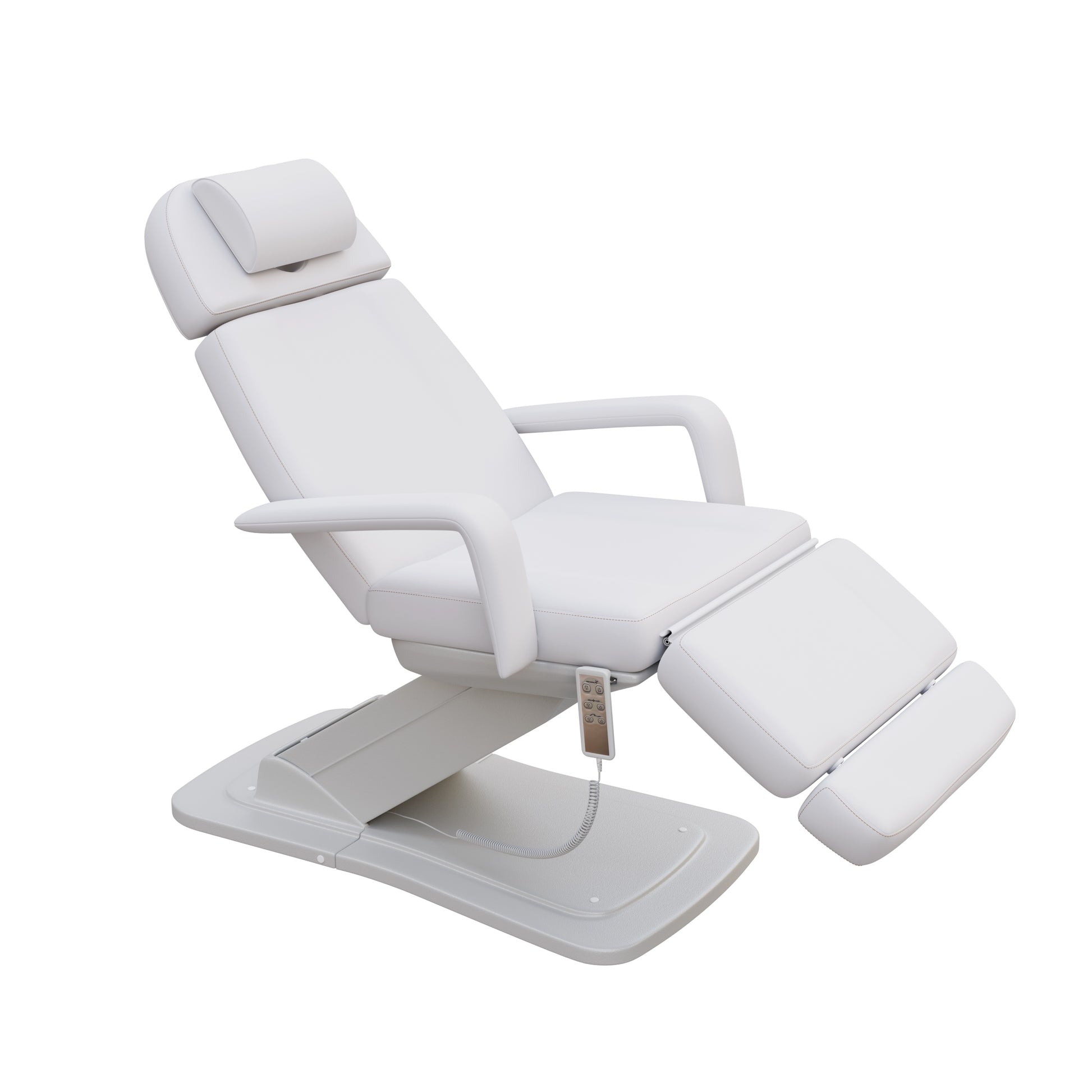 Spa Numa MINO luxury three motor electric treatment chair with adjustable height, tilt, and backrest, removable armrests, facial hole, and sleek modern base for spas, med spas, and aesthetic clinics.