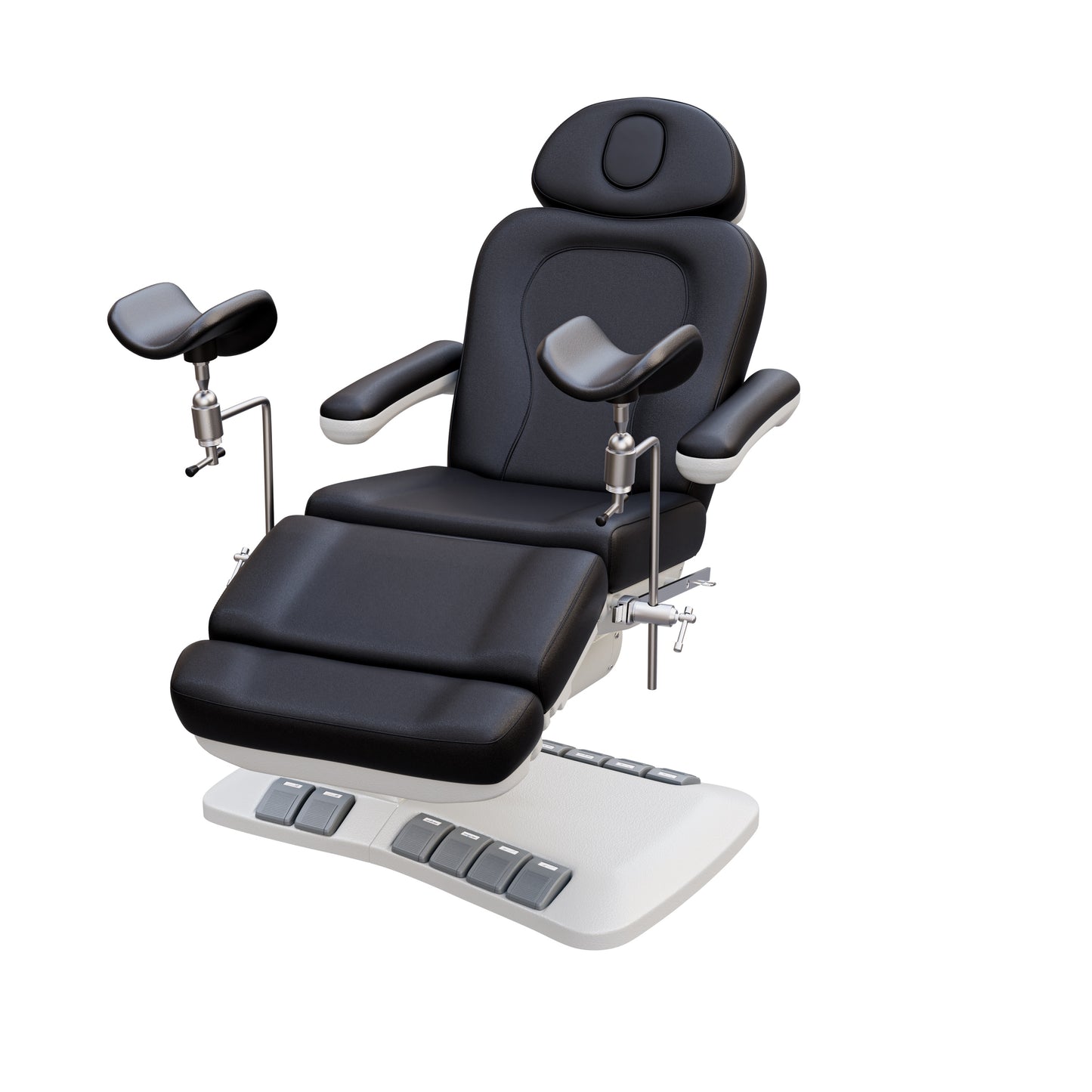 Adjustable OB-GYN medical exam chair with stirrups, vegan leather upholstery, foot pedals, and memory controls for outpatient procedures.