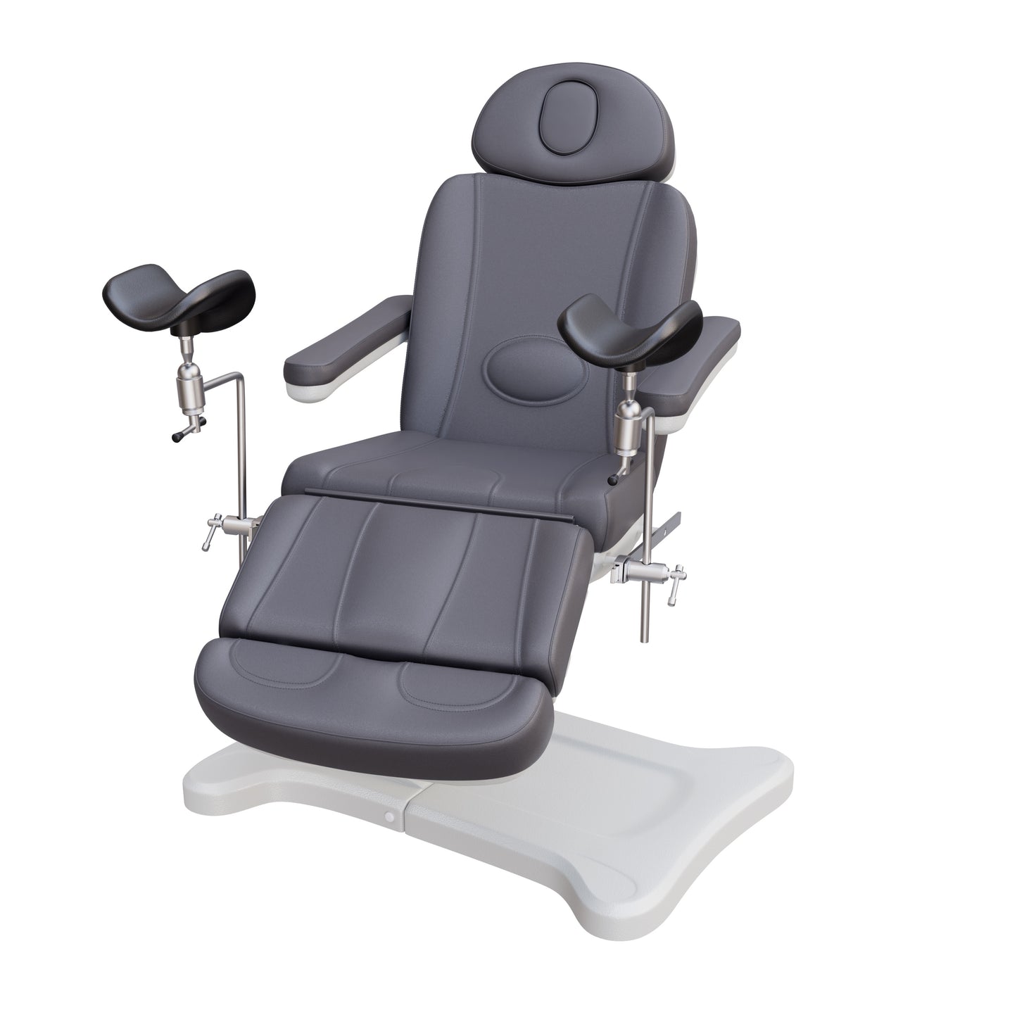 Spa Numa fully electric OB-GYN treatment chair with 240° swivel, surgical-grade stainless steel stirrups, adjustable backrest and leg rest, removable armrests, and PU leather upholstery for medical and esthetic use.