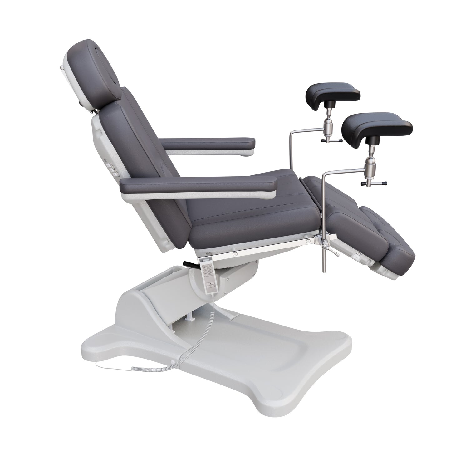Spa Numa fully electric OB-GYN treatment chair with 240° swivel, surgical-grade stainless steel stirrups, adjustable backrest and leg rest, removable armrests, and PU leather upholstery for medical and esthetic use.