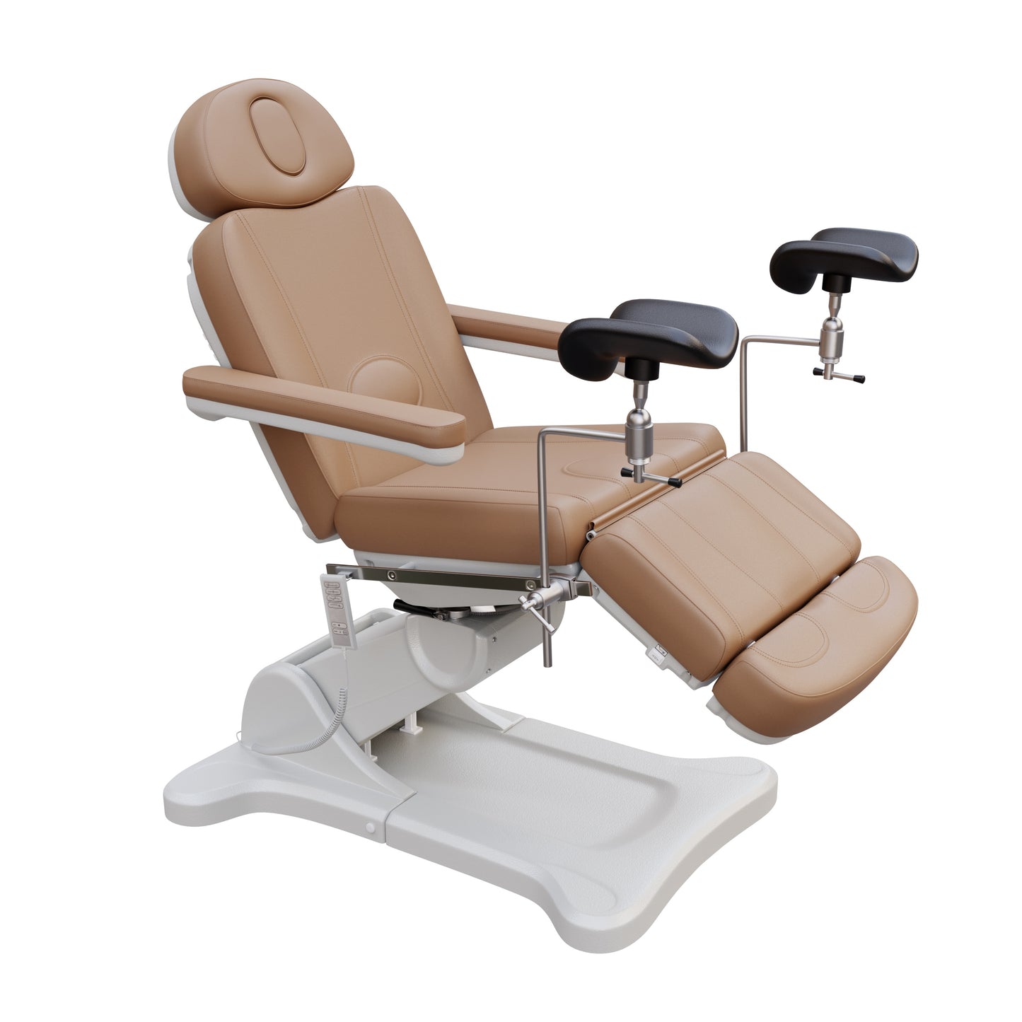 Spa Numa OB-GYN electric swivel treatment chair with adjustable backrest, leg rest, 240-degree rotation, surgical-grade stainless steel stirrups, and removable armrests for medical and esthetic use.