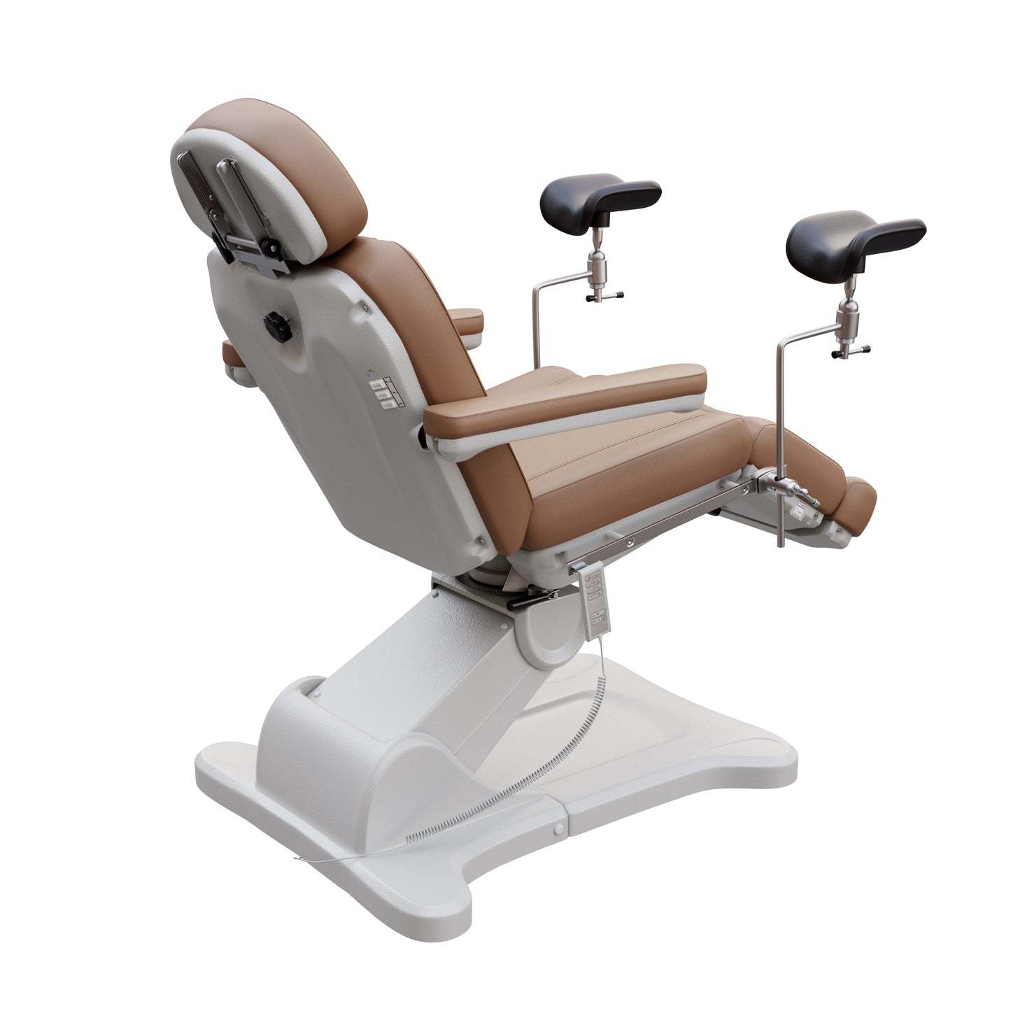 Spa Numa OB-GYN electric swivel treatment chair with adjustable backrest, leg rest, 240-degree rotation, surgical-grade stainless steel stirrups, and removable armrests for medical and esthetic use.